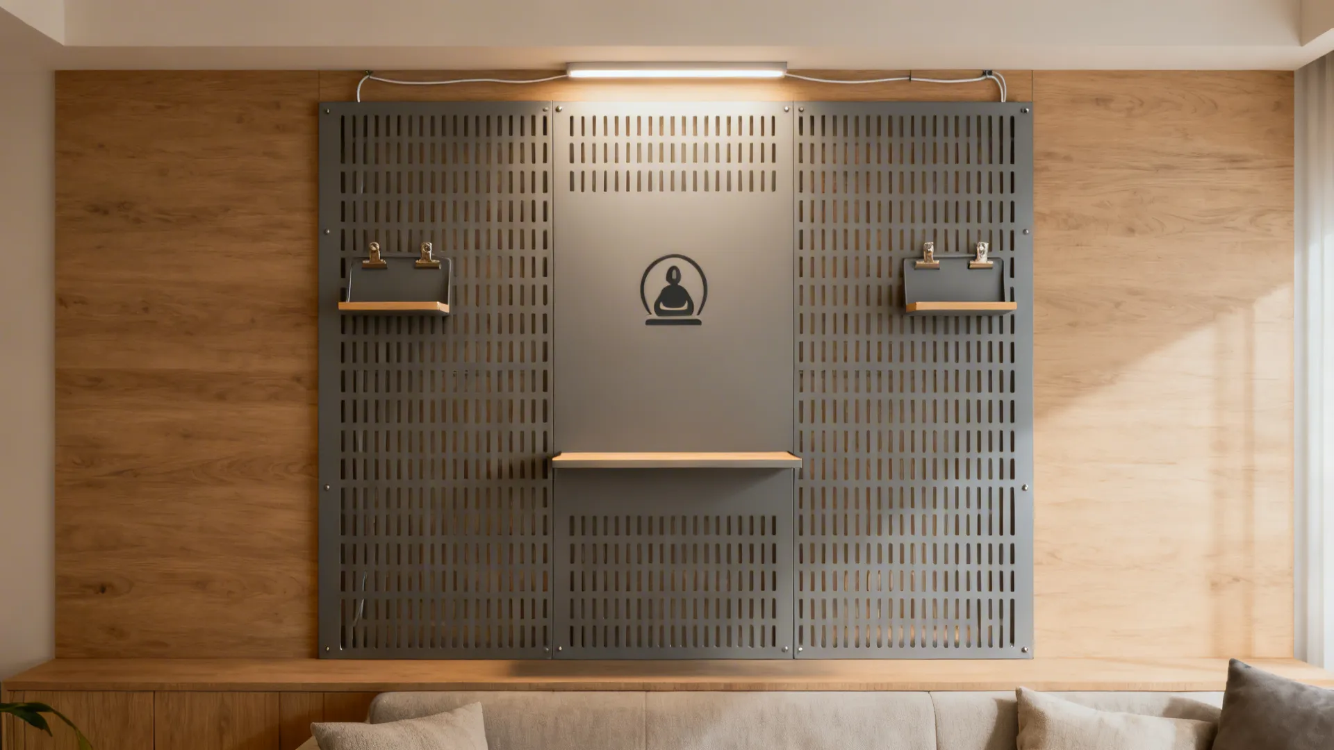 Modular slat wall with clip-on trays forming a flexible altar in a modern living room.