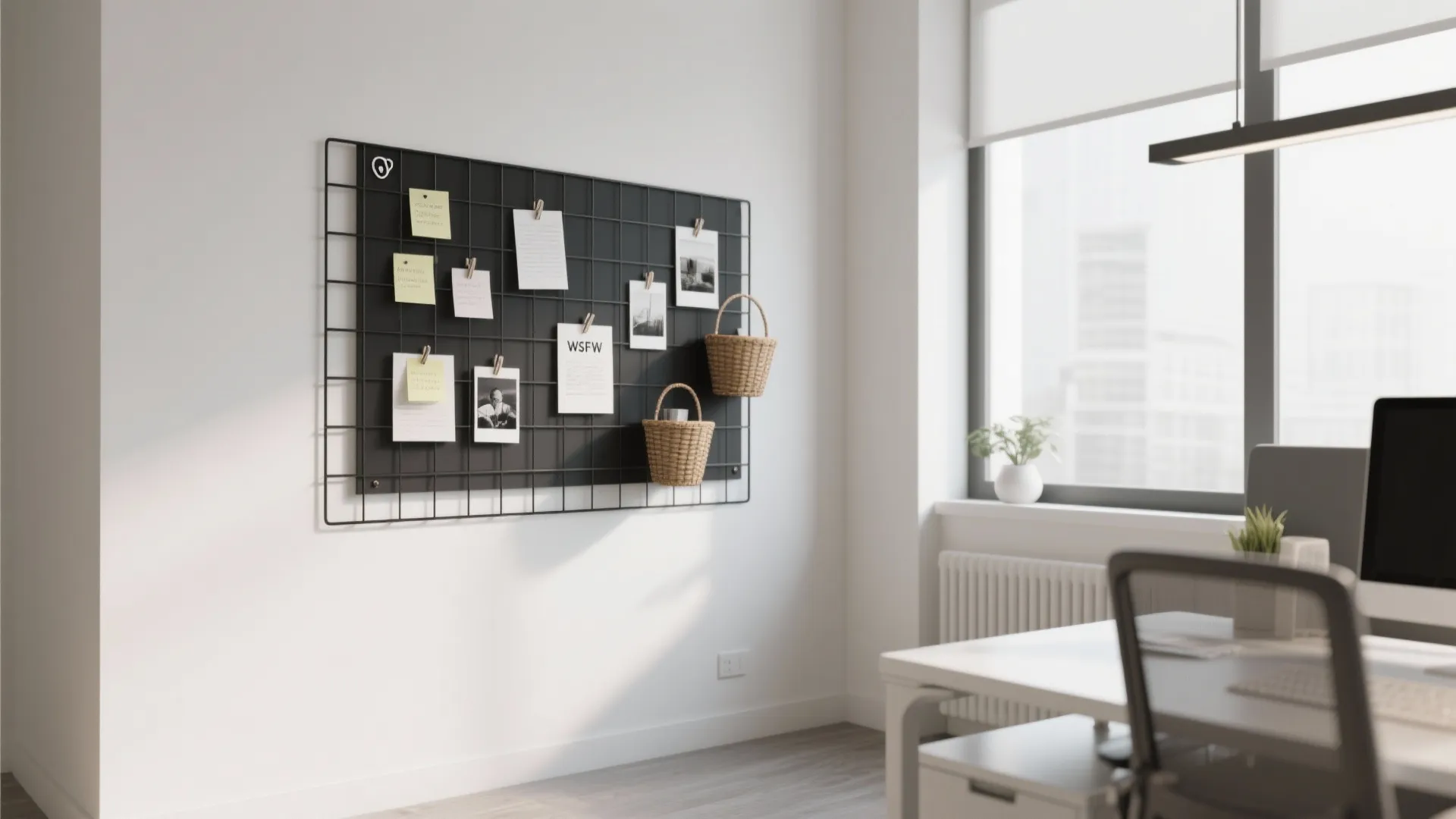 Black metal grid wall organizer with notes photos and small hanging baskets in white office