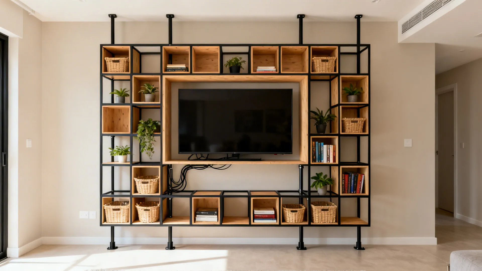 Modular grid shelving with a central TV niche in black steel and plywood cubes.