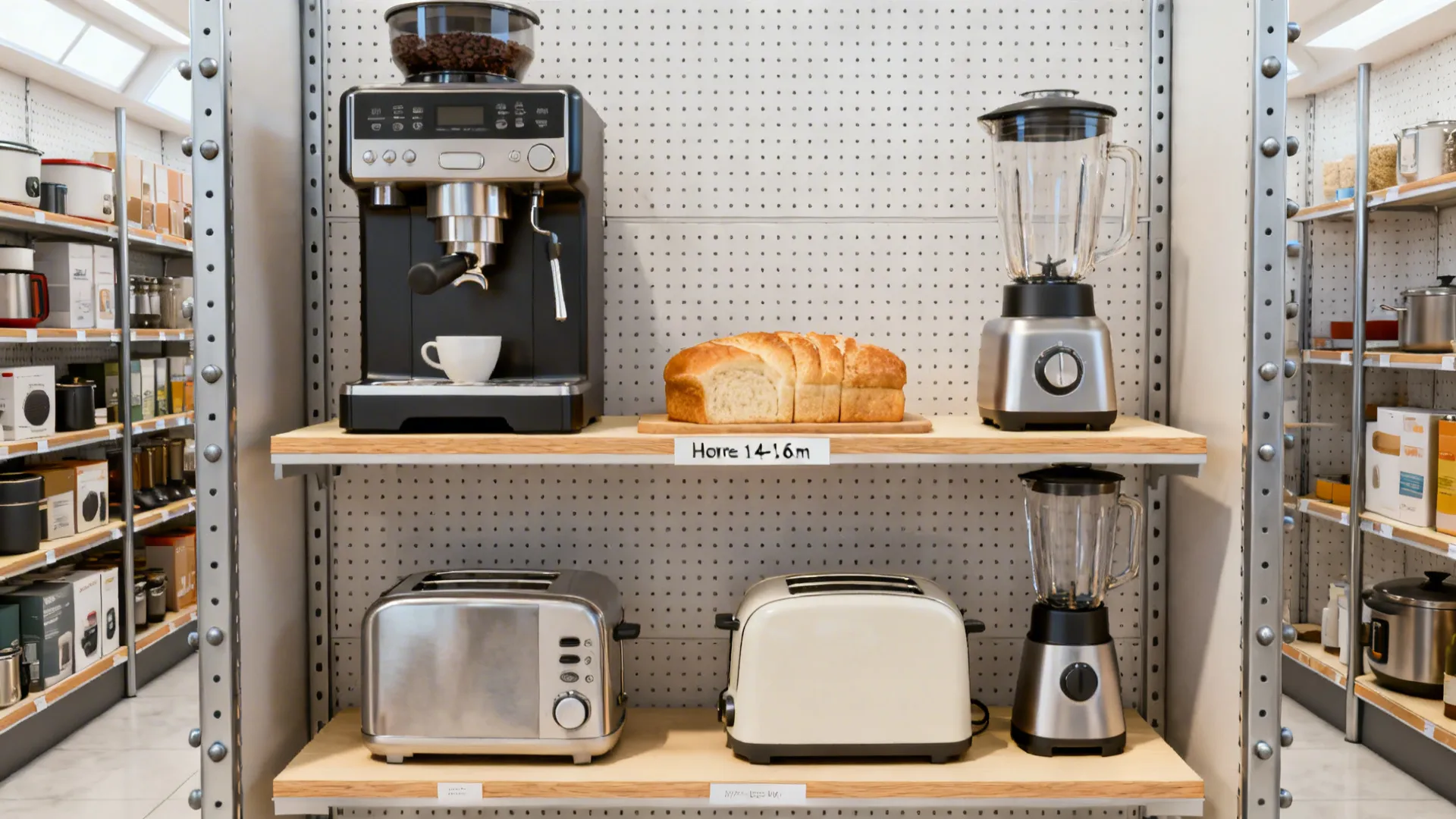 Adjustable modular grid rack with varied appliances and clean vertical zoning.
