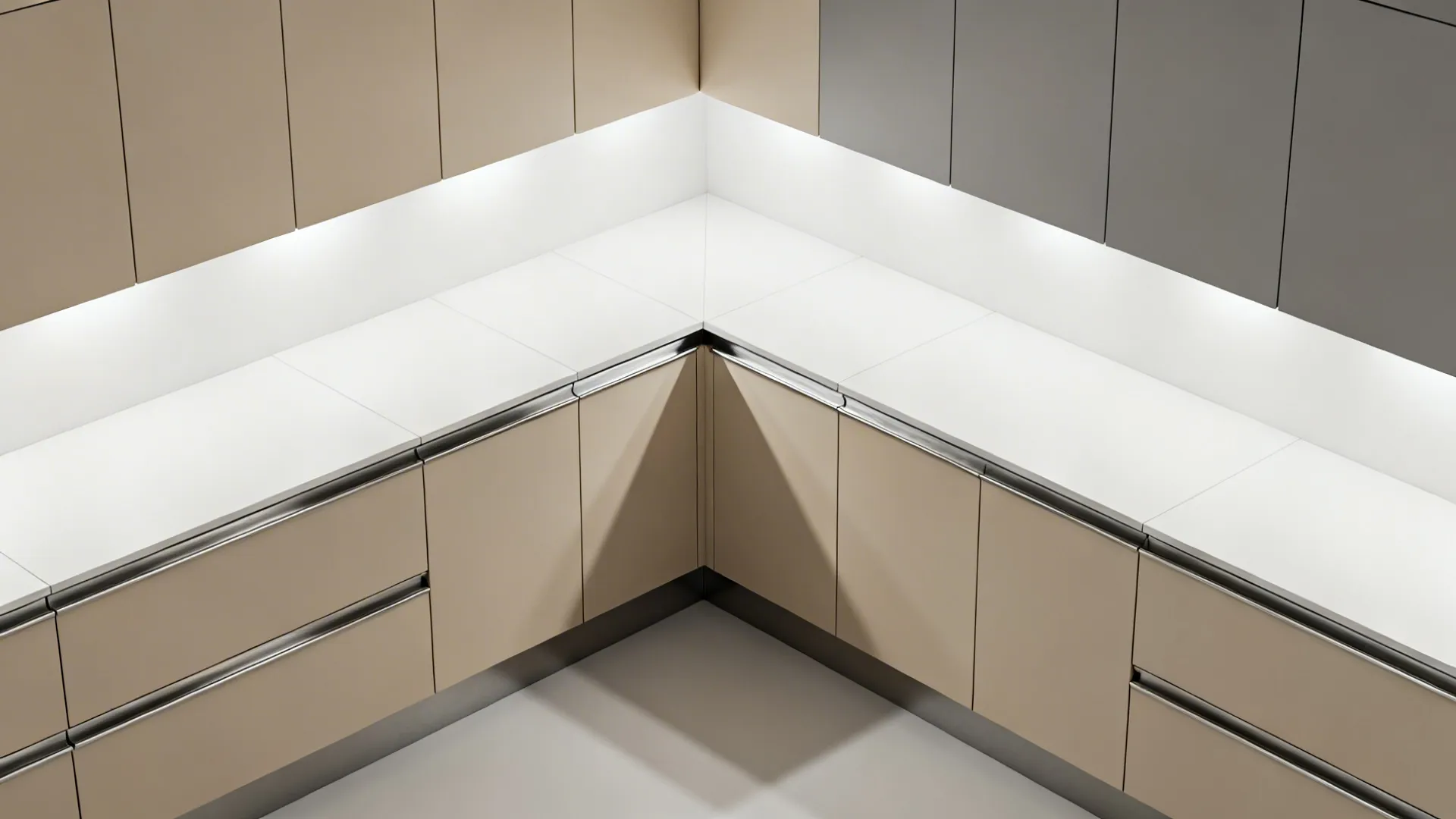 L-shaped kitchen corner with beige cabinets white countertop bright built-in lighting and sleek silver handles