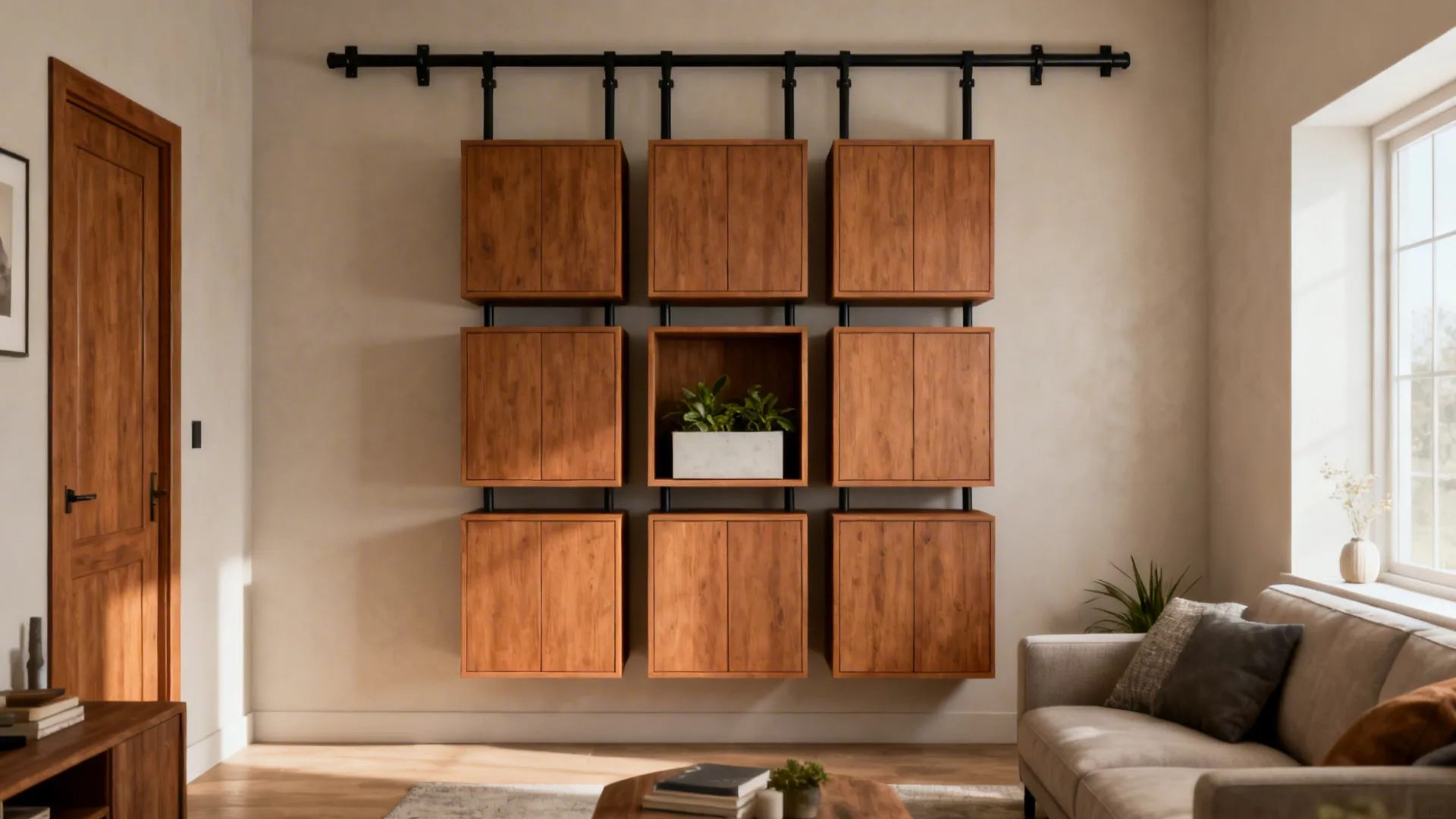 Modular 3×3 grid wall with mixed open shelves and closed cabinets on black rails in a modern living room.