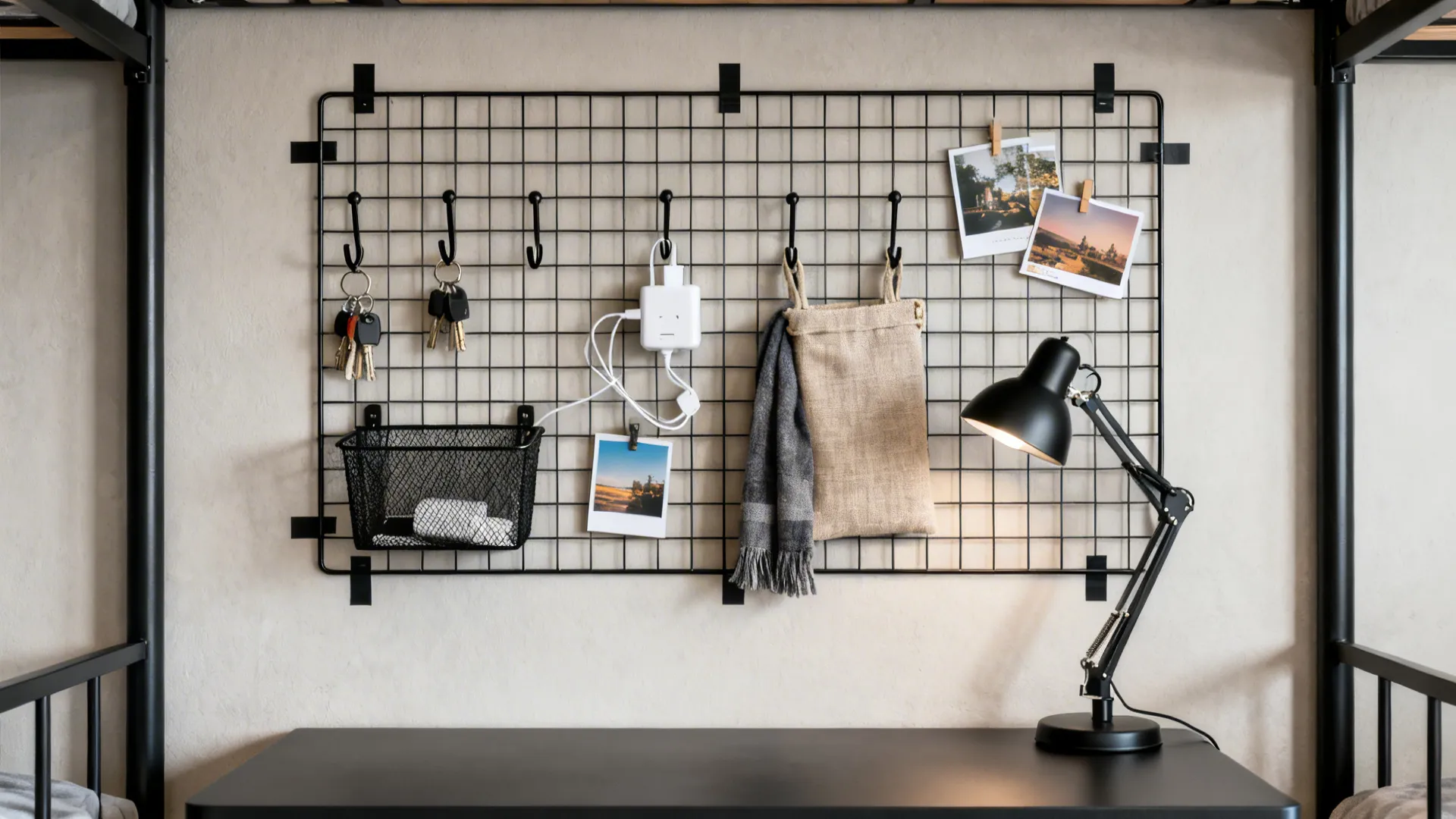 Modular wall grid organizes storage and display with hooks, pouches, and clips.