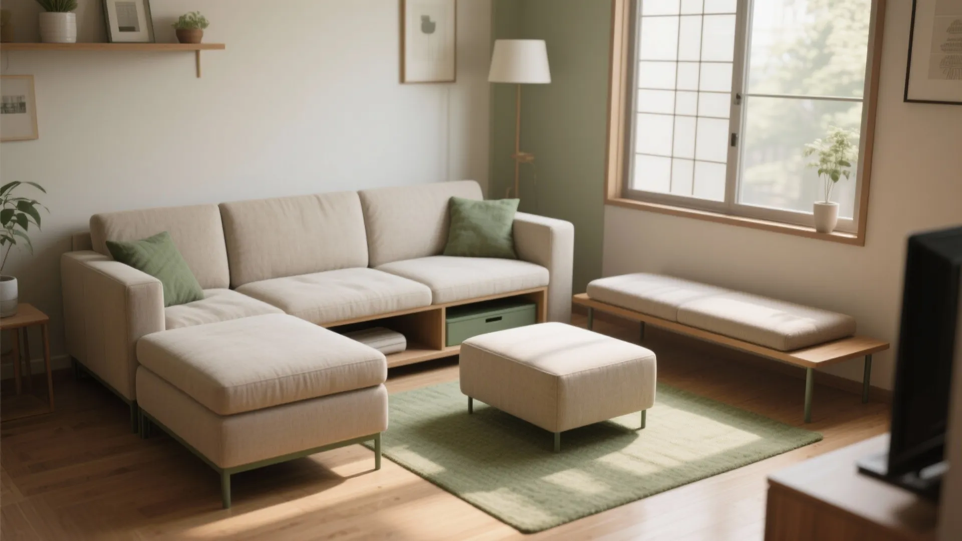 Modern living room with beige sofa green pillows wooden floor floor lamp and natural window light