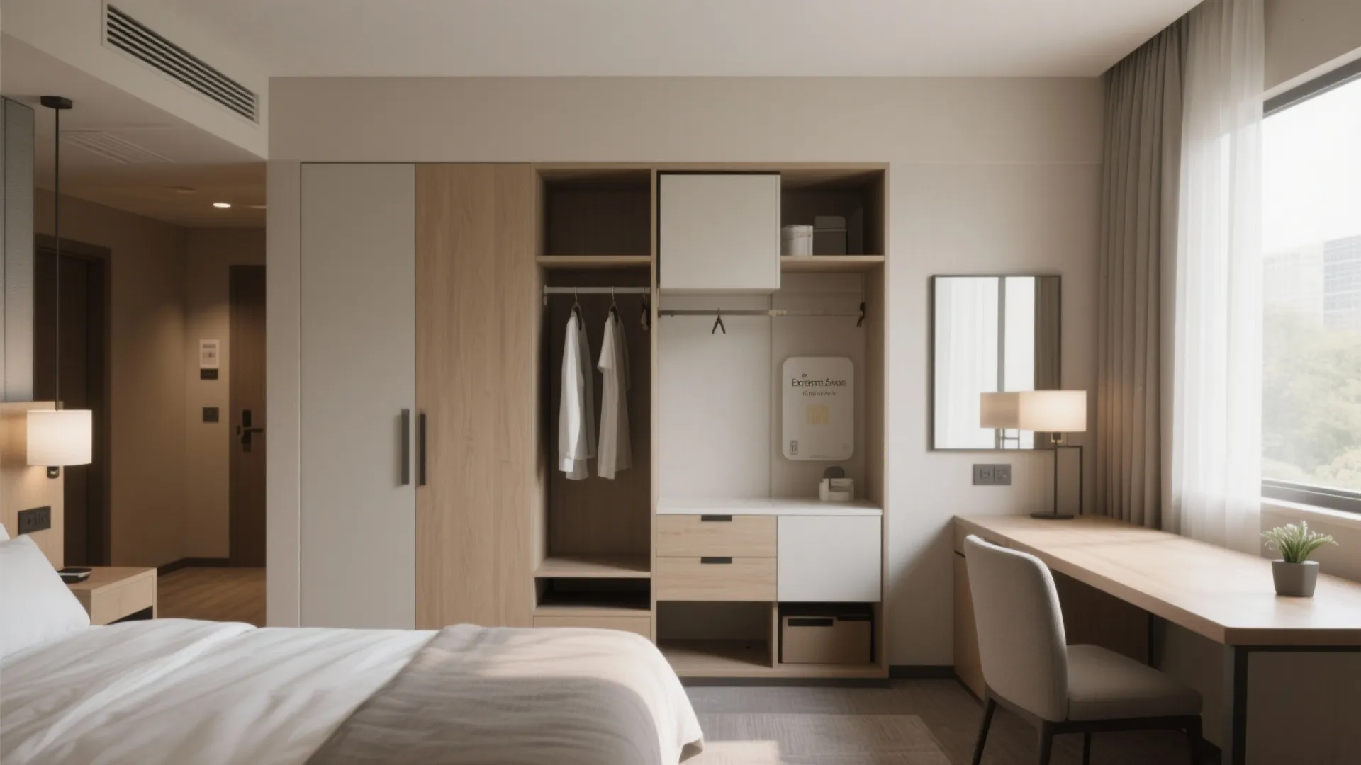 Hotel bedroom interior showing wood wardrobe with open shelves desk chair and window with white curtains