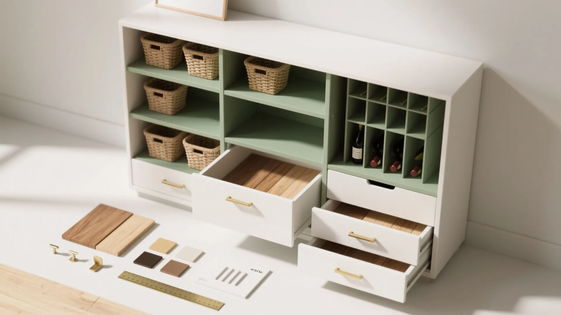 5. Freestanding Minimalist Hutch with Modular Inserts