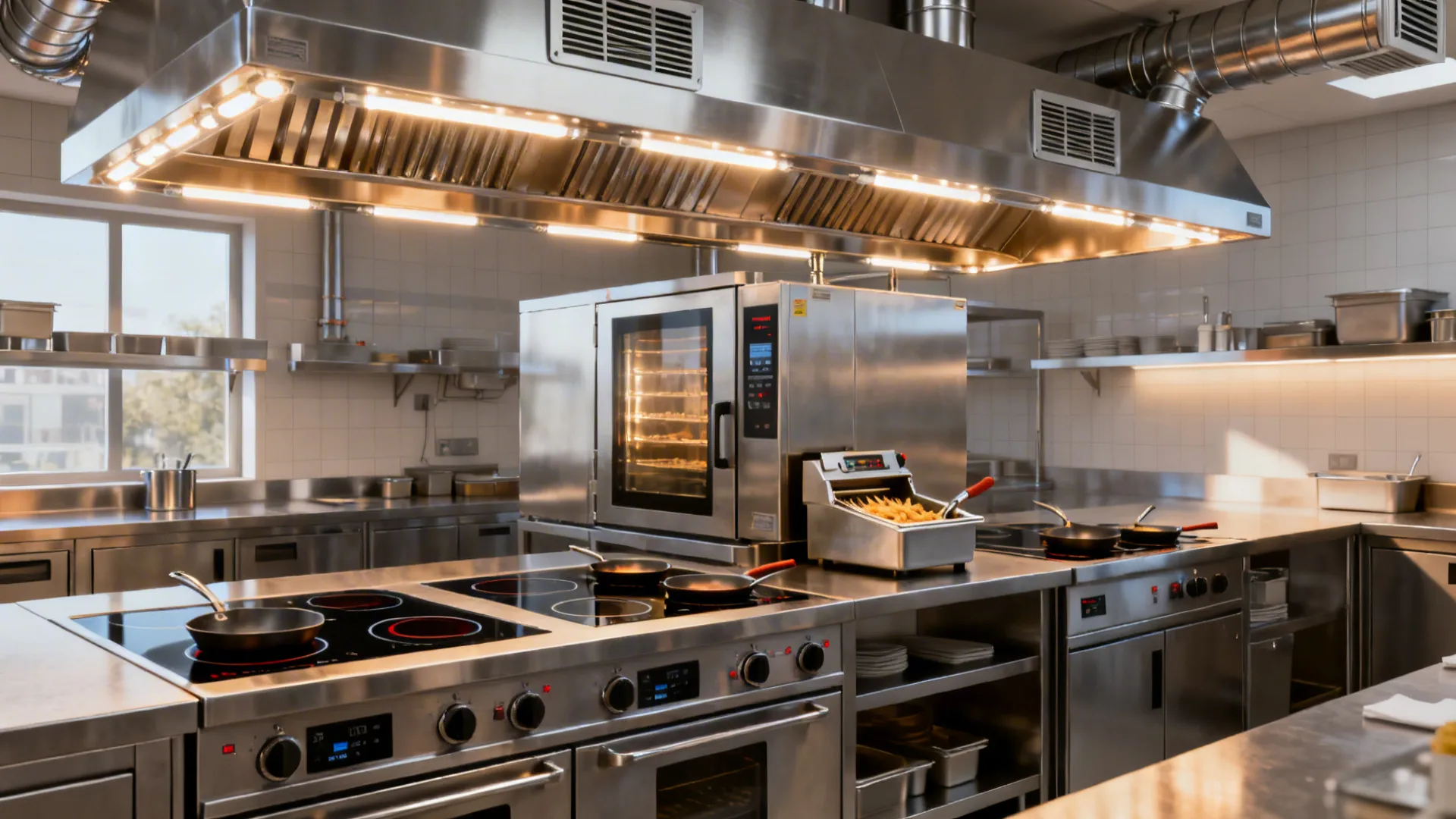 Modular induction line with combi oven and right-sized hood in a compact kitchen.