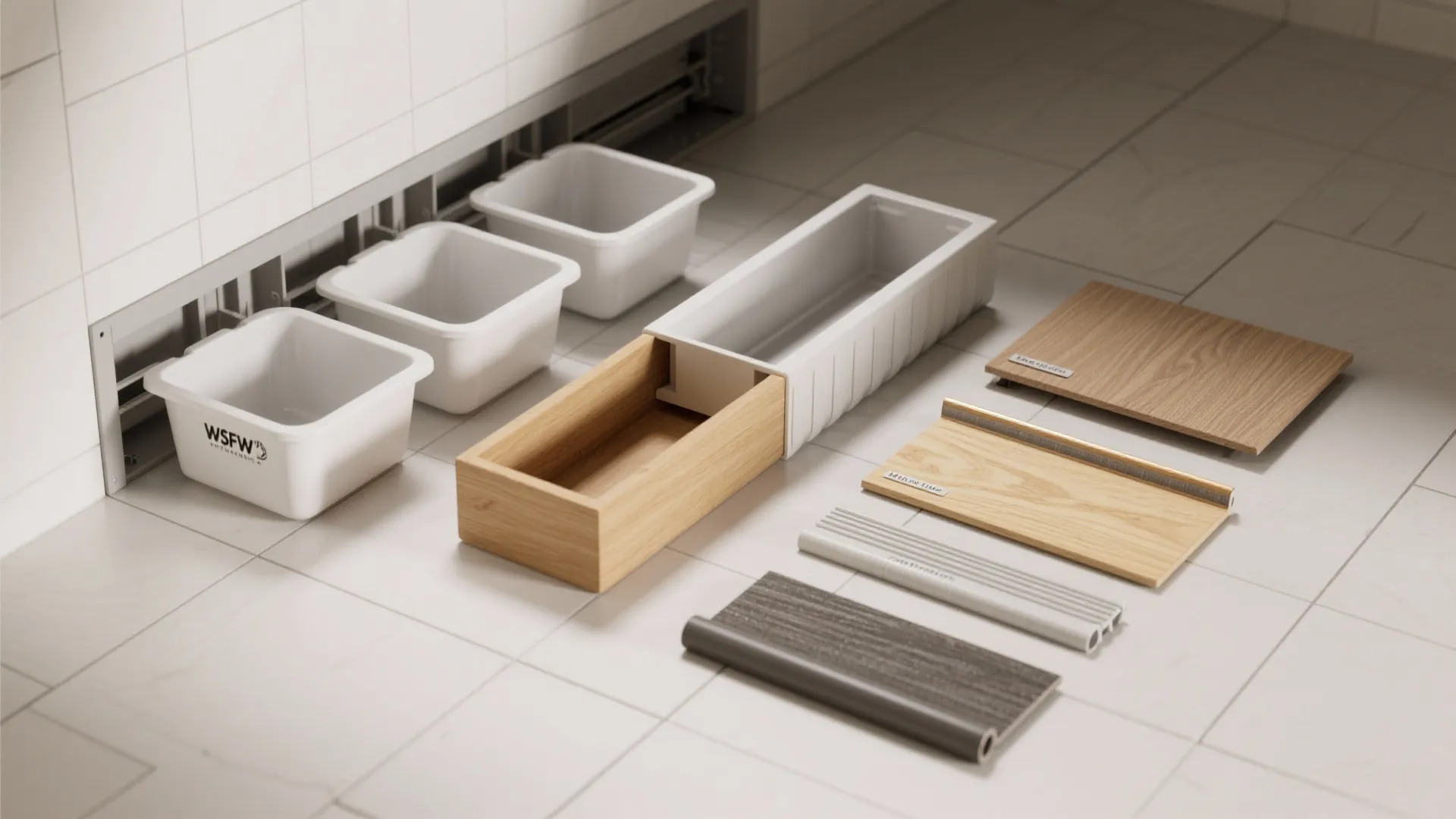 White plastic bins and wooden drawer parts for modular storage system laid on light floor
