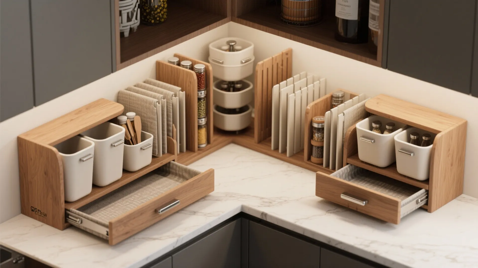 Wooden kitchen corner organizers with white storage bins and small jars on white marble countertop