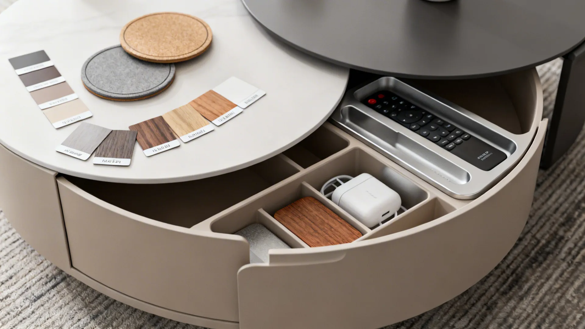 Flatlay of modular round table drawer inserts and organization accessories with material swatches.