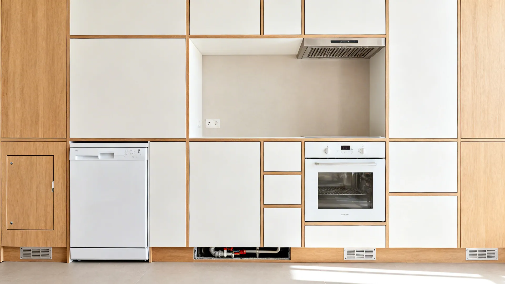 Modular small kitchen showing integrated appliances with precise tolerances.