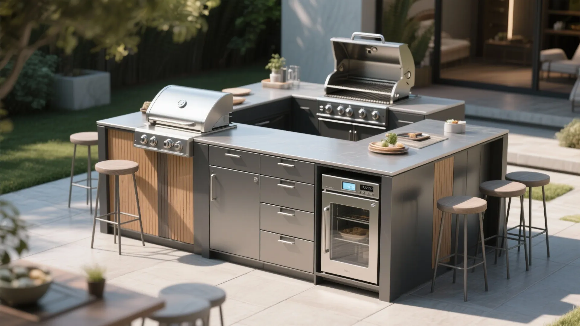 Outdoor kitchen island with two grills stainless steel counters drawers wood panels and bar stools