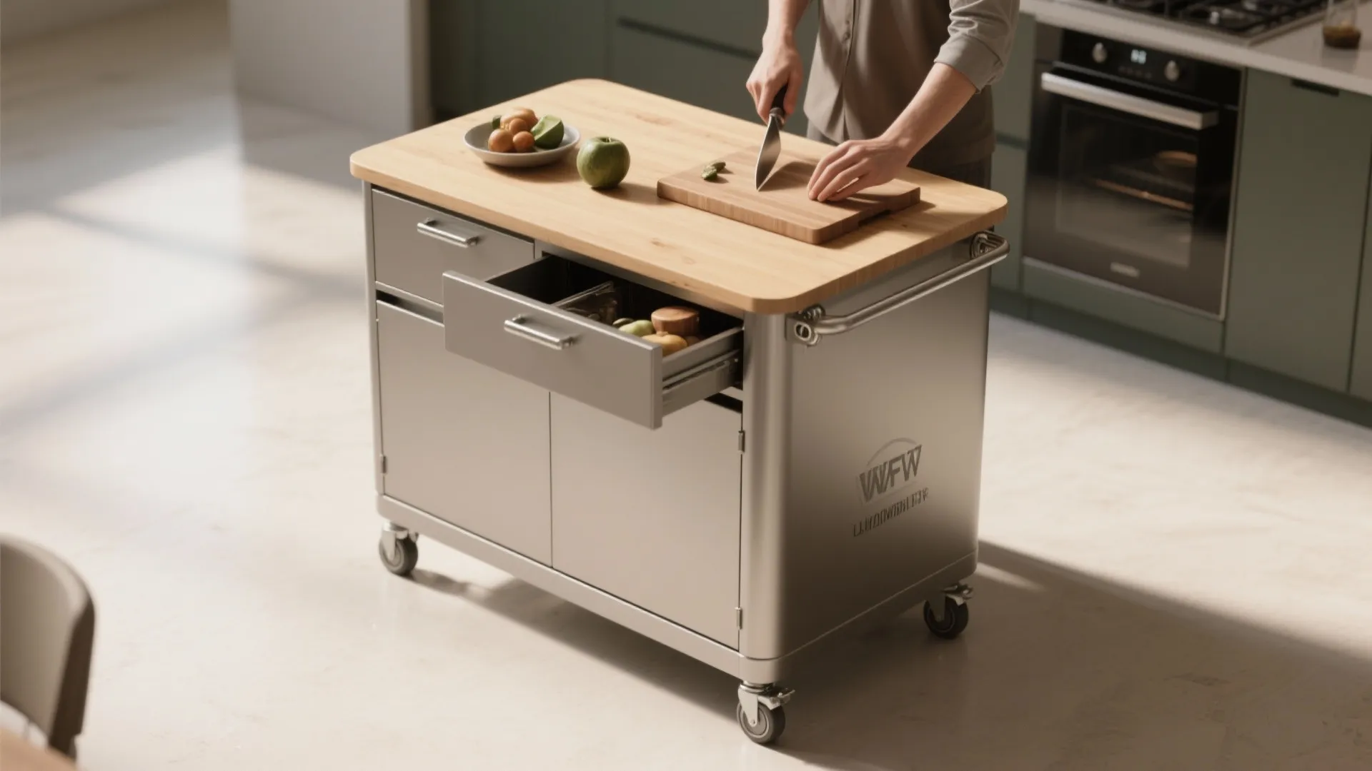 Person cutting fruit on a mobile metal kitchen island with wooden top and open storage drawer