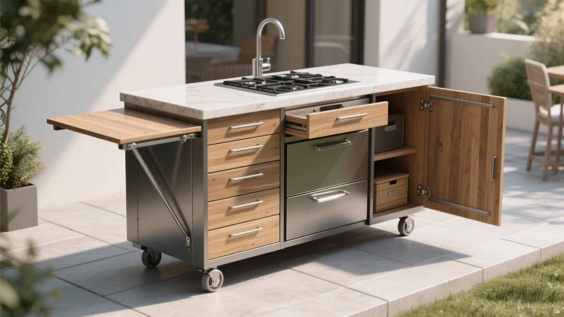 1. Modular island with foldable surfaces