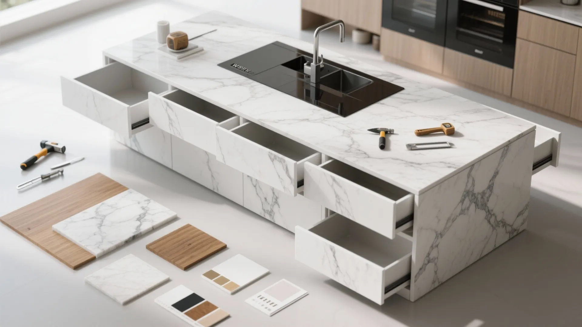 White marble kitchen island with open drawers showing sink faucet tools and various material samples