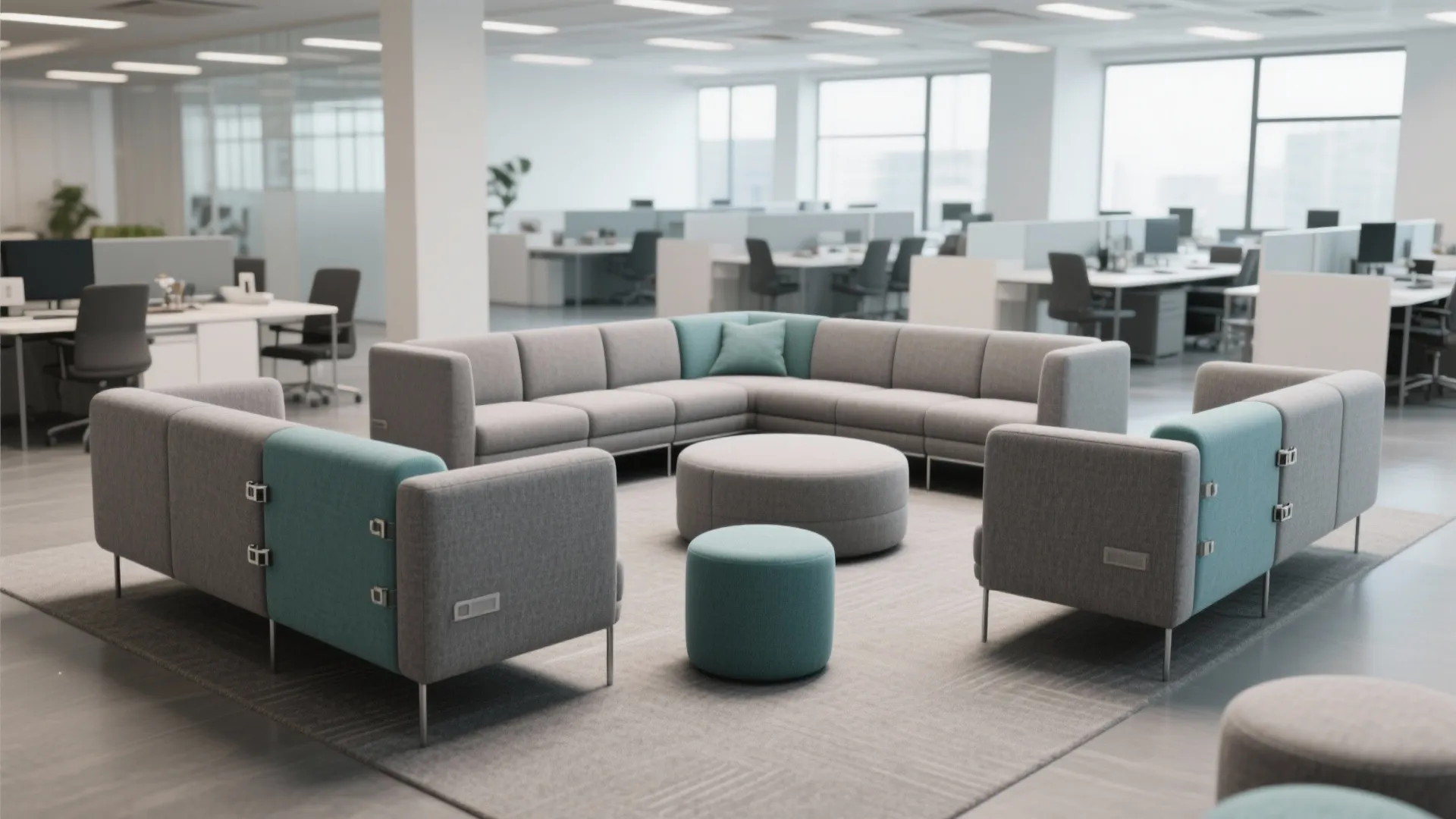 Modular office sofa island with low backs and locking brackets arranged for flexible collaboration.