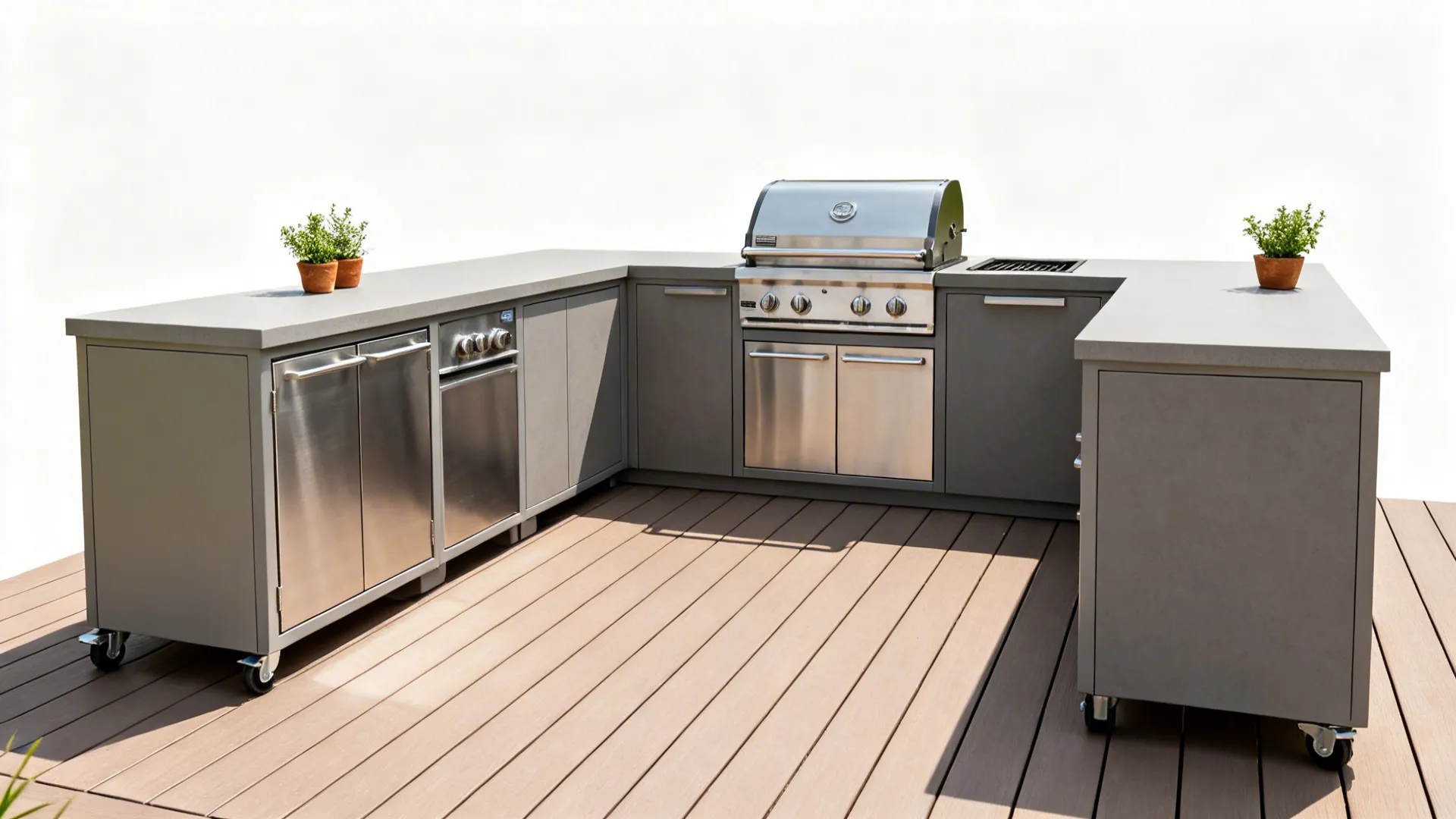 Modular stainless carts forming an L-shaped outdoor kitchen on a small deck with clear walkways.