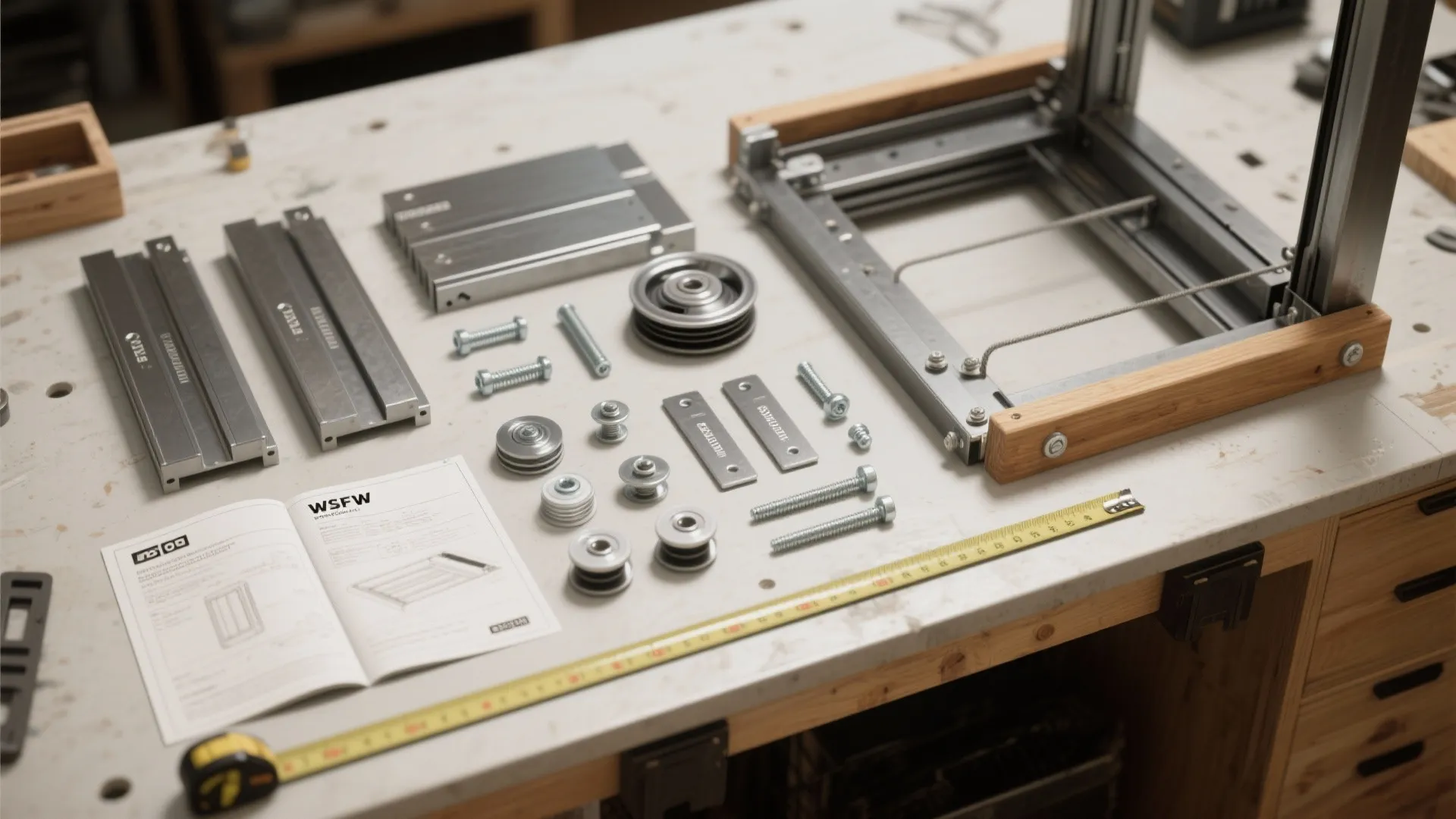 Modular parts including metal rails bolts and wheels laid out on workbench with instruction manual book