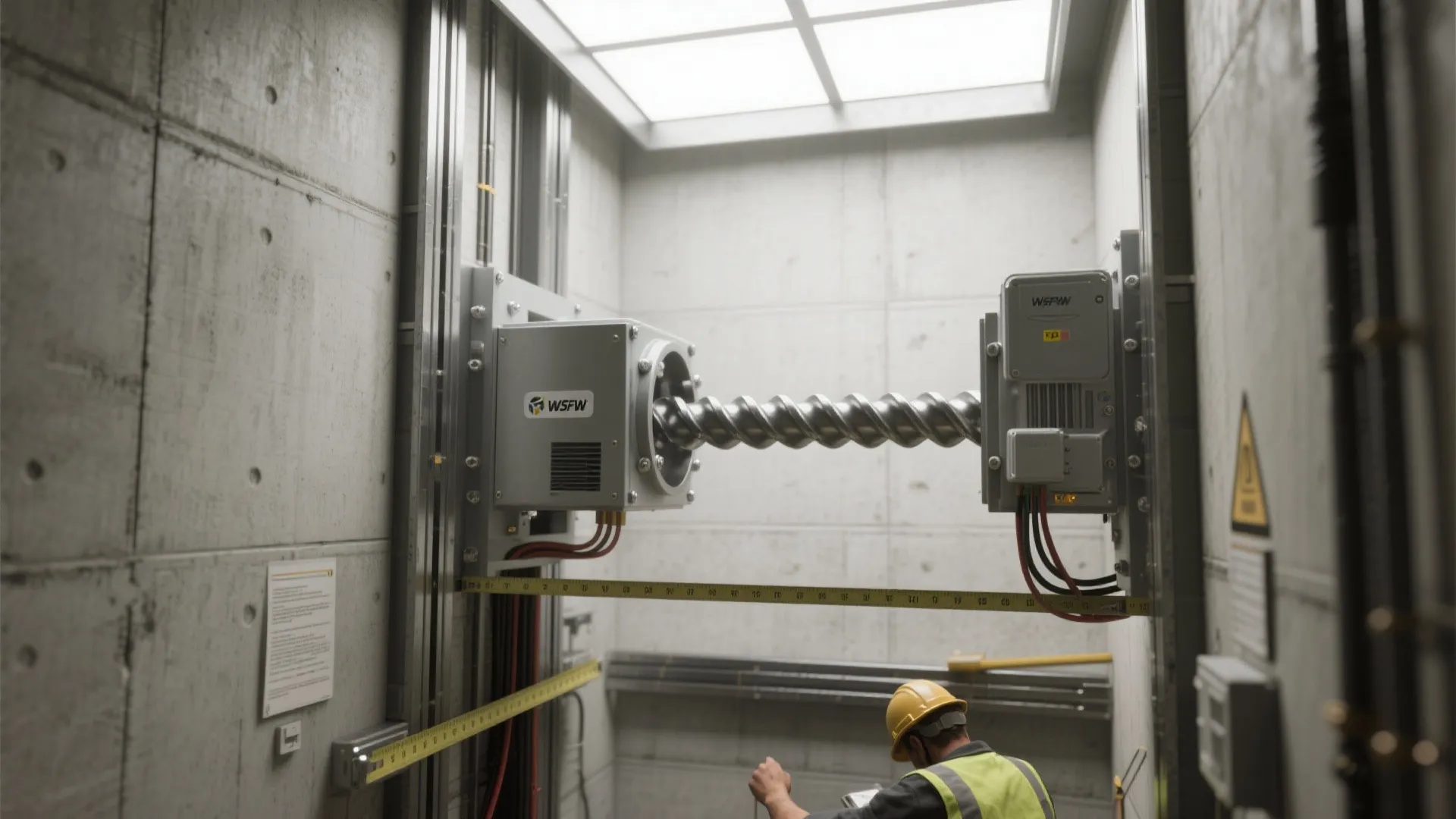 Technical installation of home lift screw drive system with worker and yellow measuring tape tools