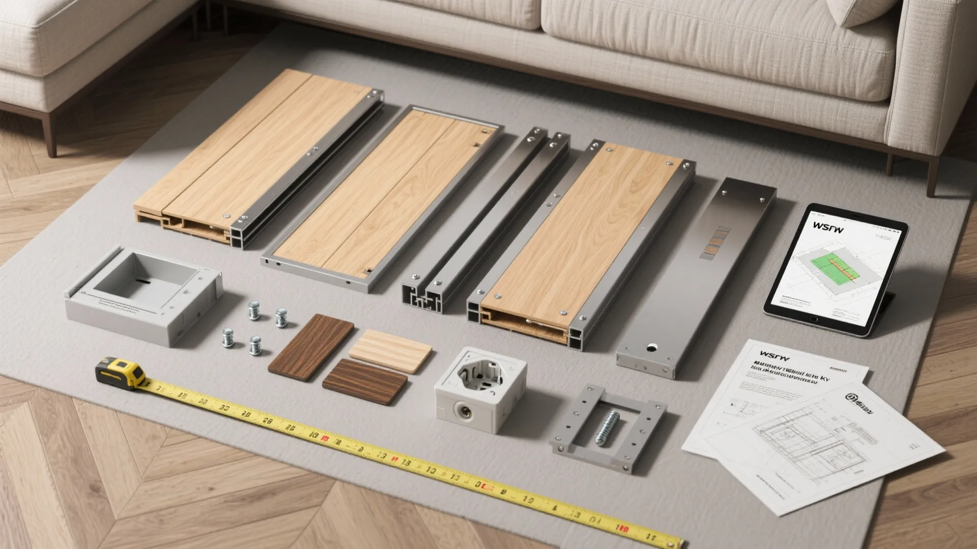 Furniture assembly kit with wooden panels metal frames tape measure tablet and instruction papers rug