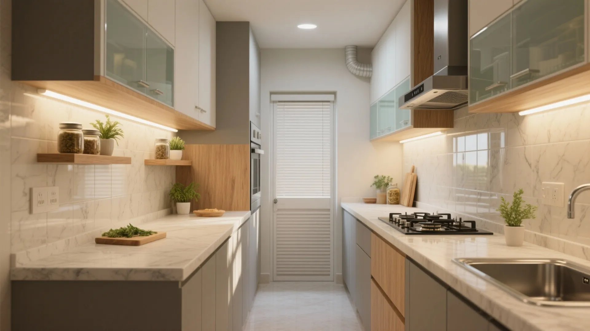 Modular Kitchen with Open Shelves and a Reflective Backsplash