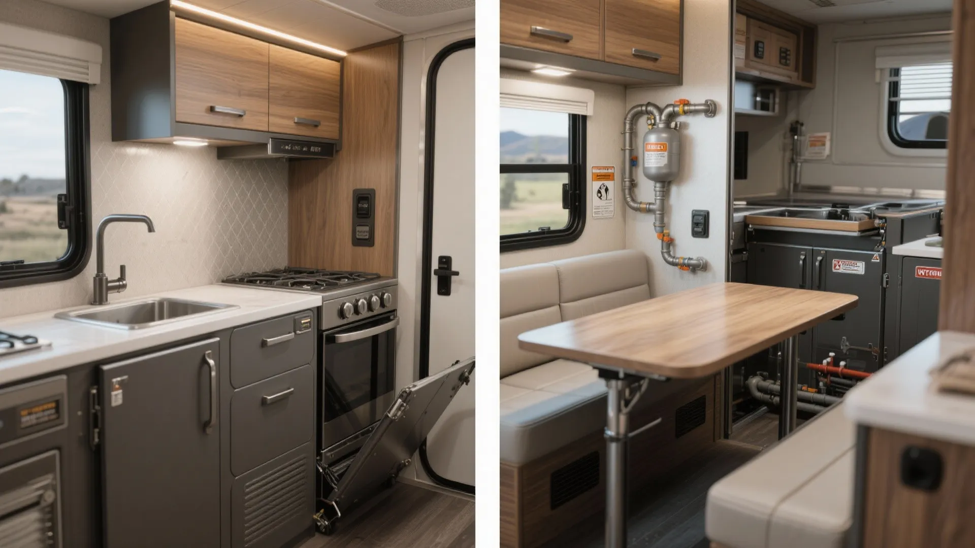Interior design showing a small kitchen with grey cabinets next to a wooden dining table area
