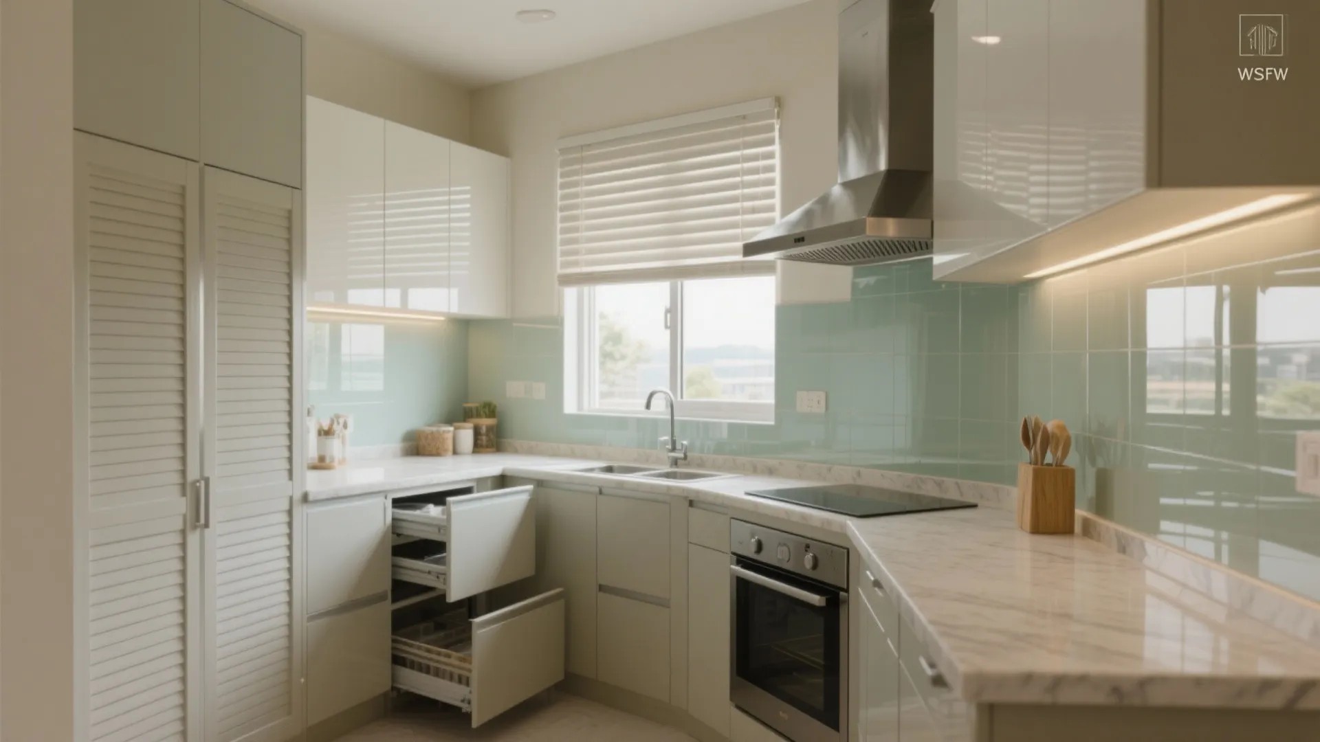 Light-boosting modular kitchen with a hardworking pantry