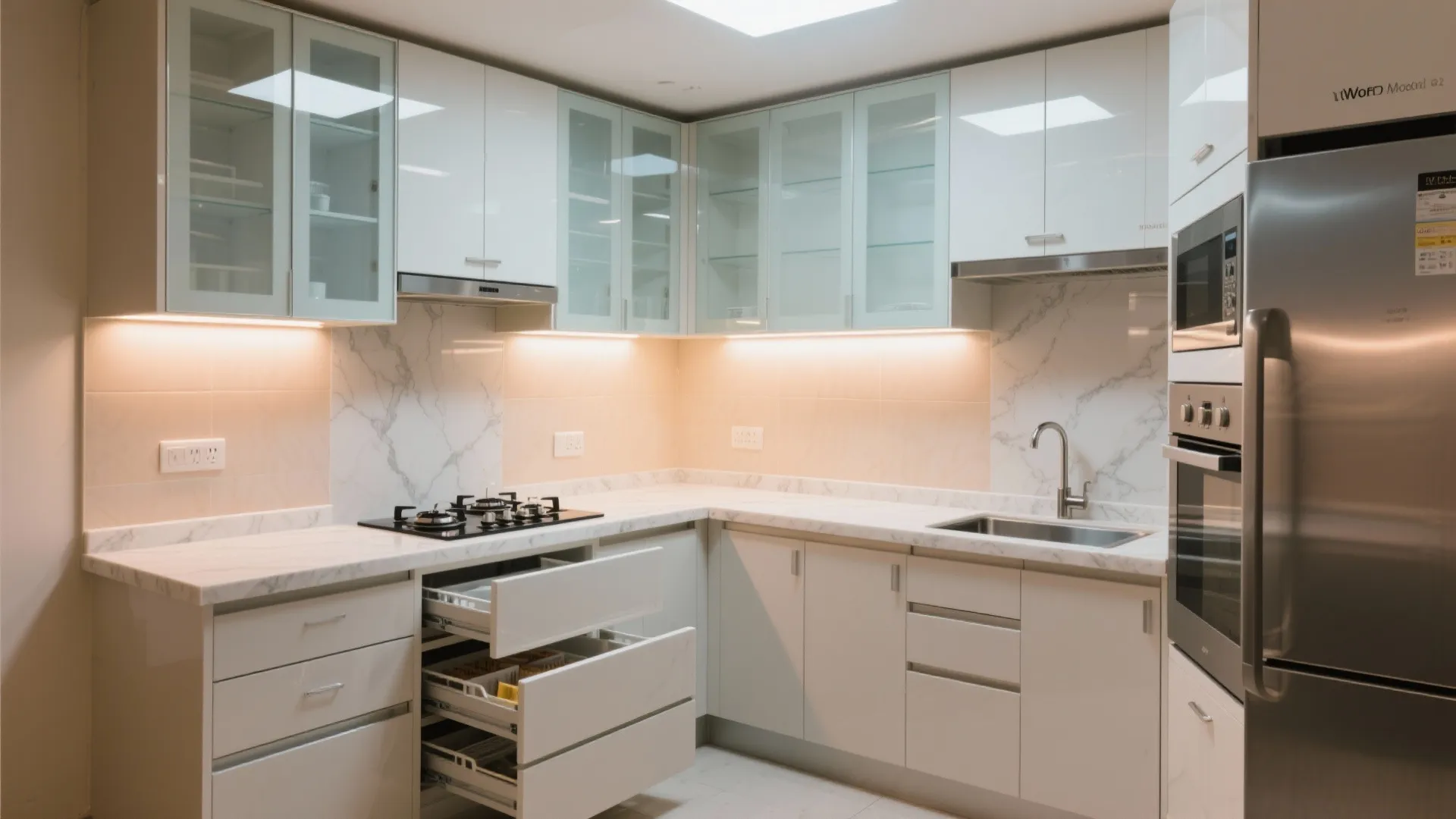 2) Modular Kitchen Magic: Reflective Finishes and Smart Storage