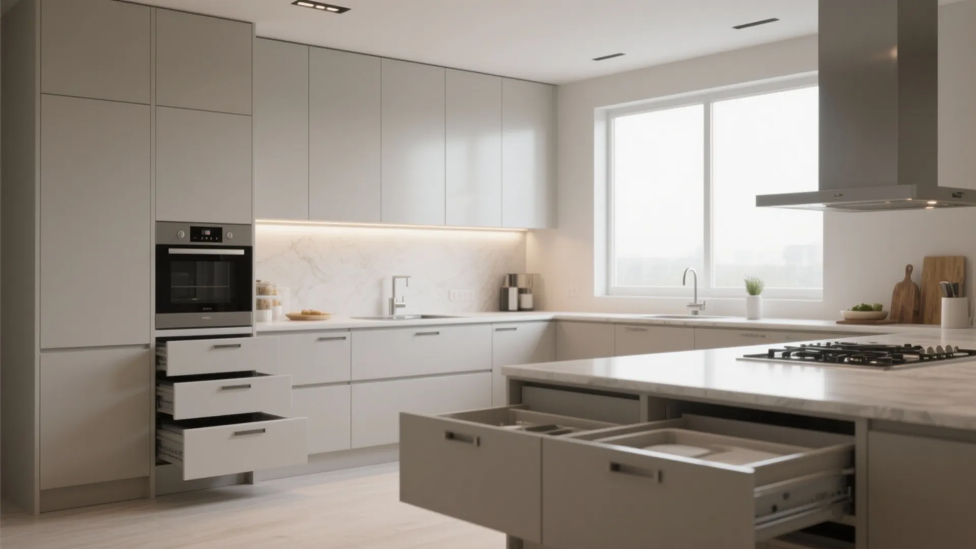 Modern white modular kitchen with marble backsplash light grey cabinets open drawers and built-in oven