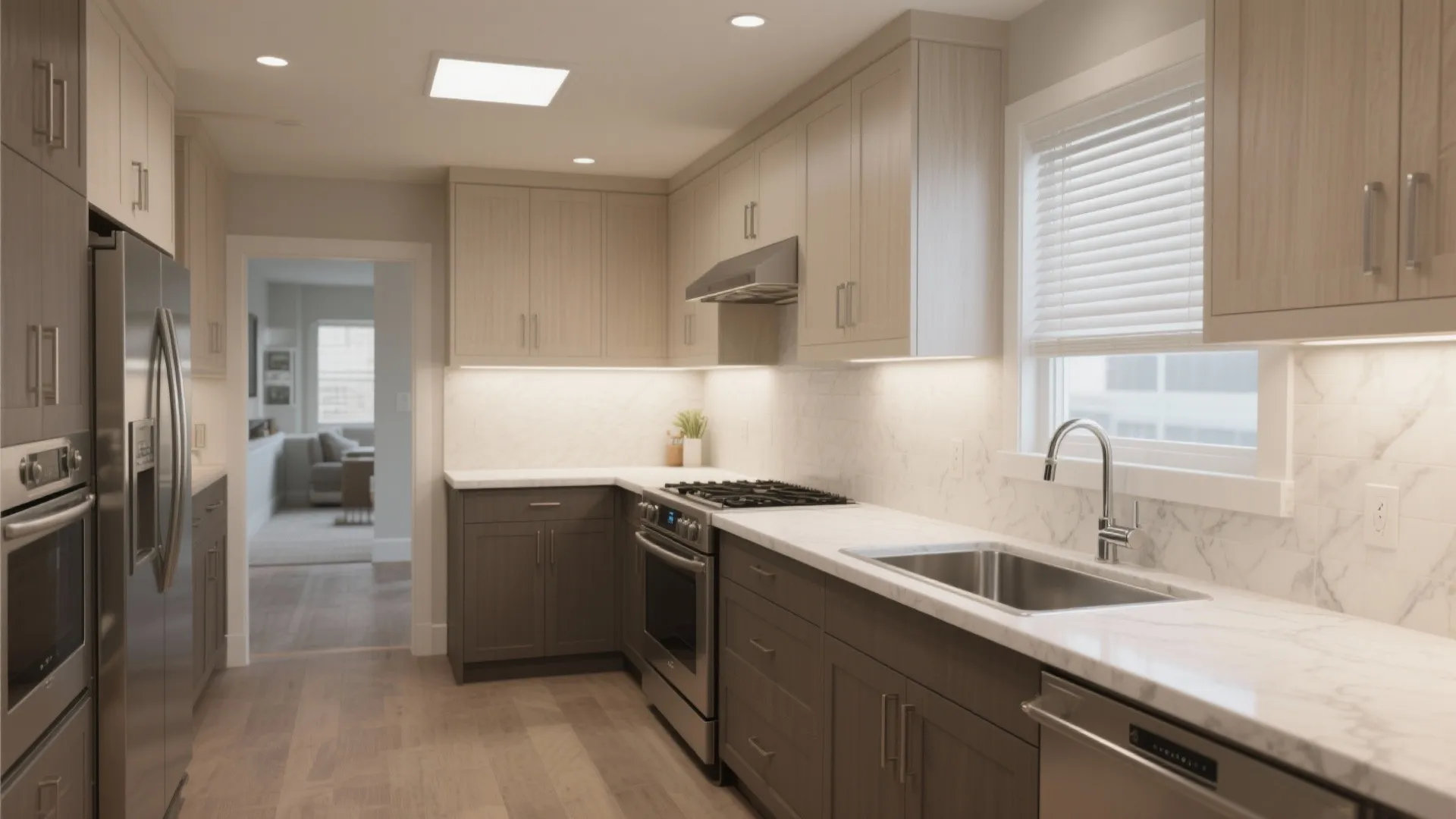 Modern kitchen with wood cabinets marble countertops stainless steel sink gas stove and wood floor