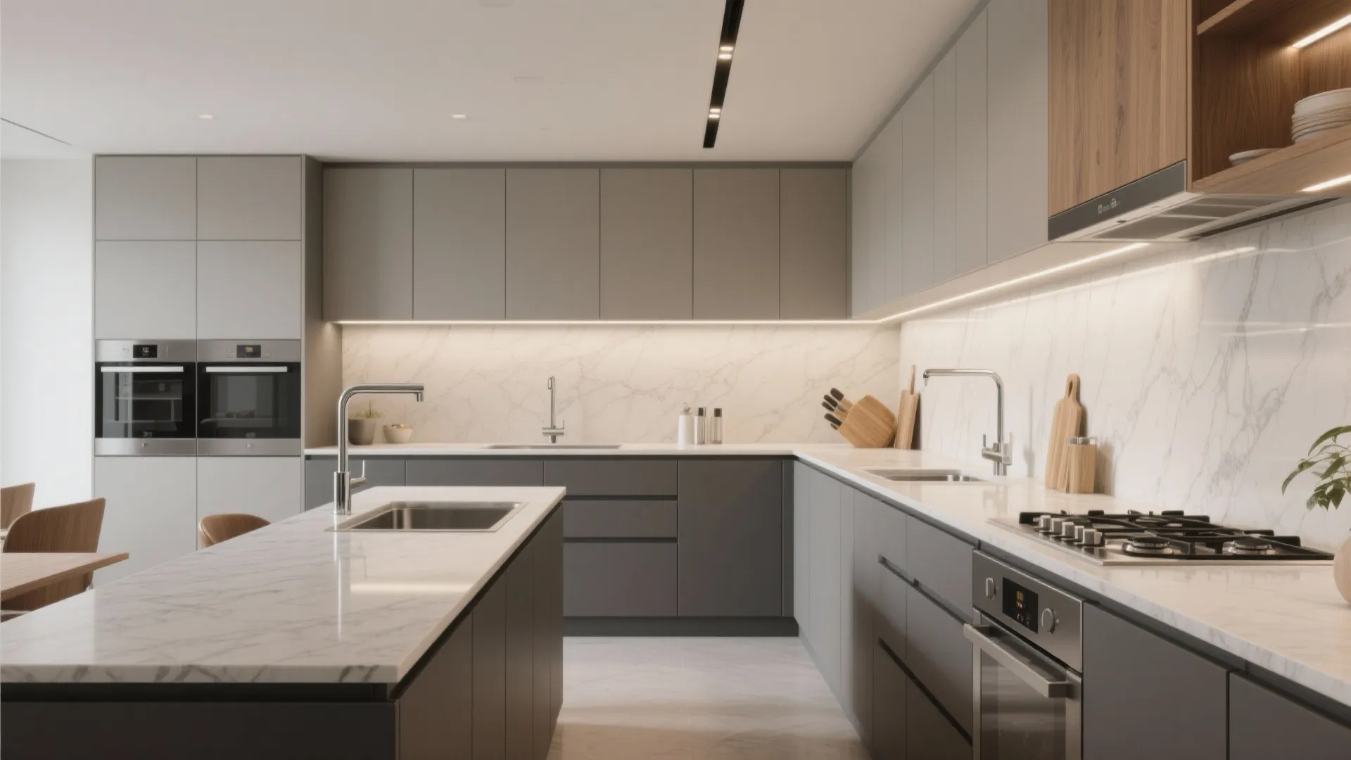 Modern grey kitchen with white marble countertops dark cabinets wooden shelves and a large island