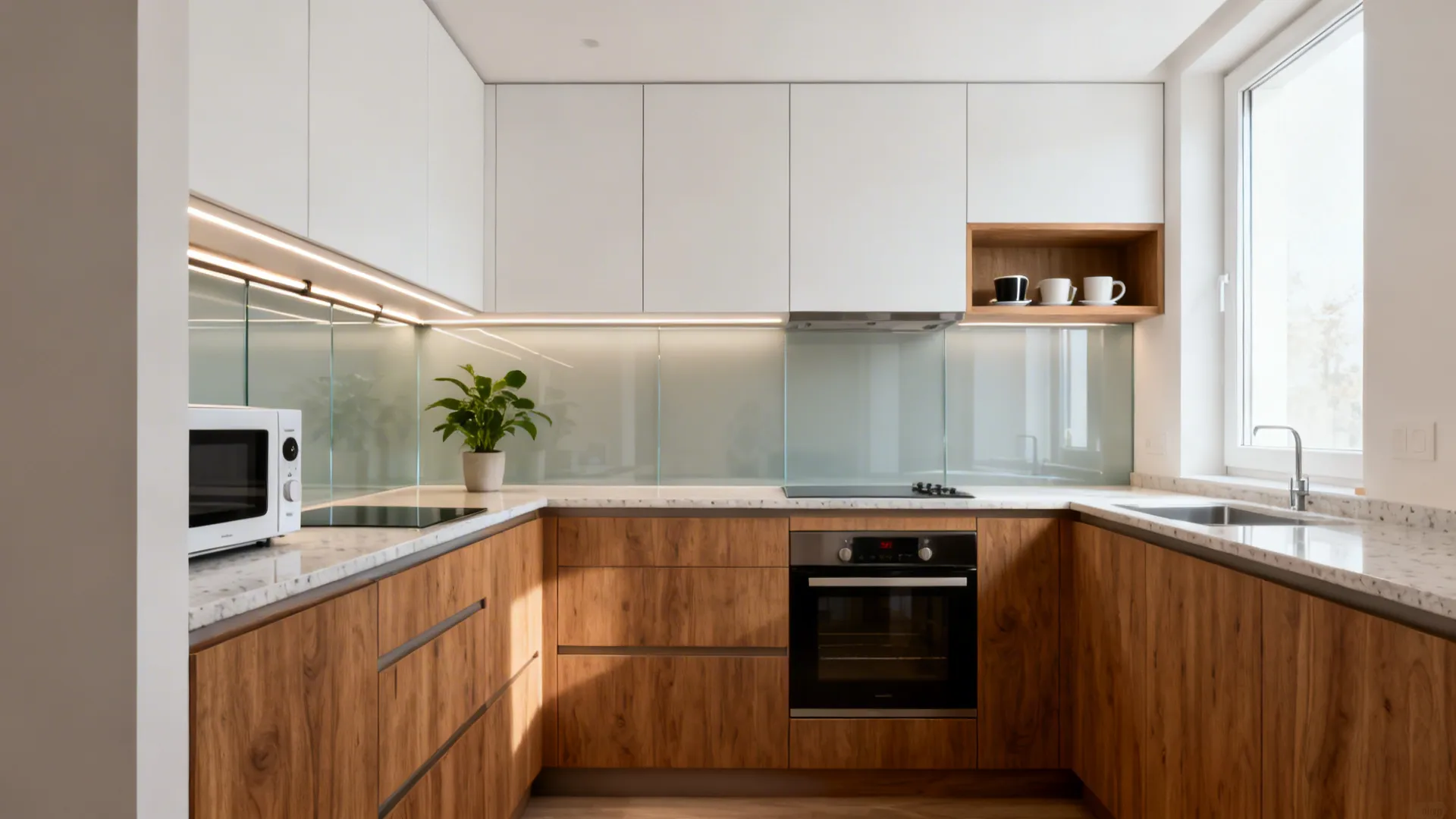Modern u-shaped kitchen featuring wood lower cabinets white upper storage microwave oven sink and window