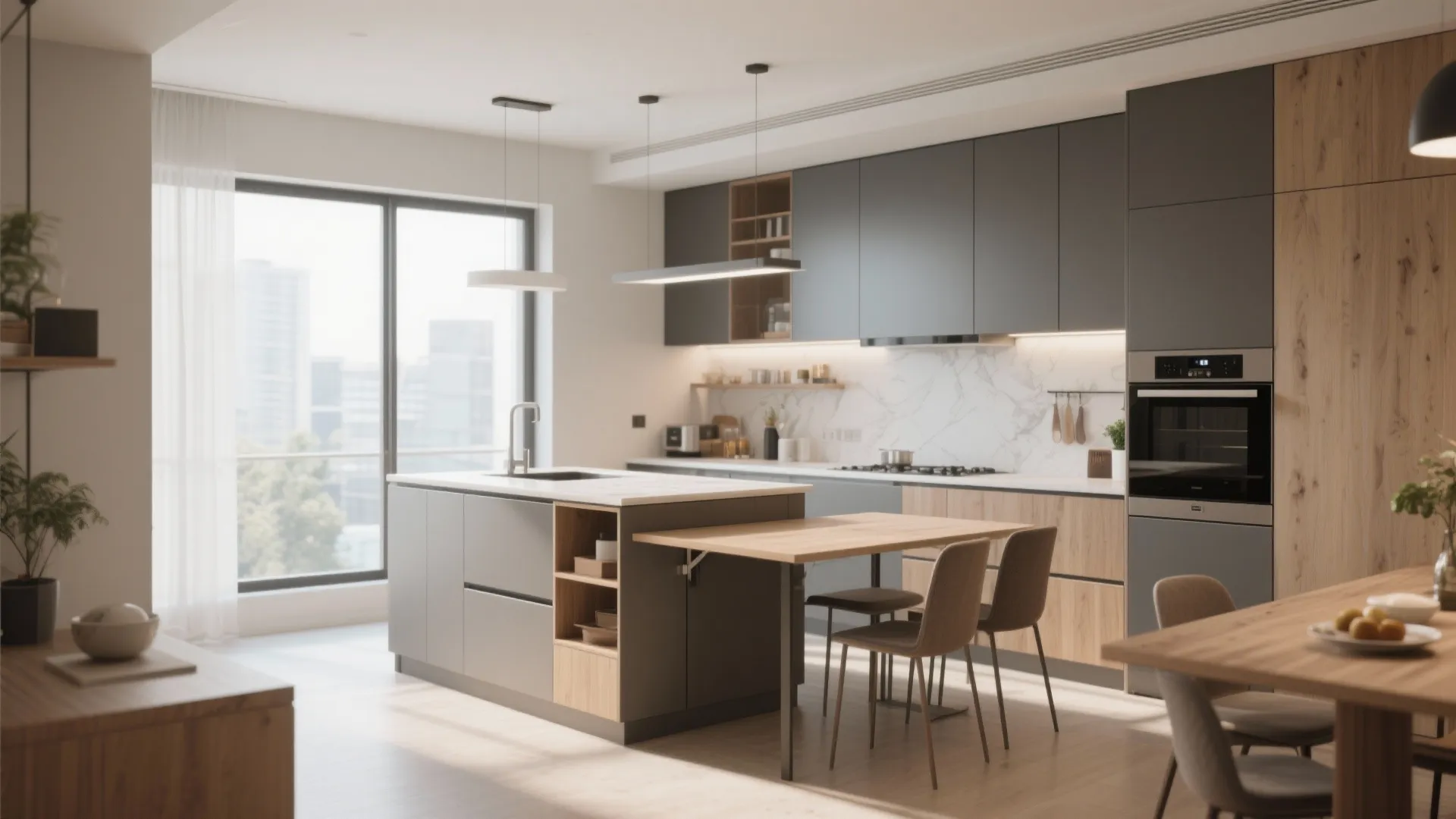 Grey kitchen island with attached wooden dining table in a bright modern open plan room
