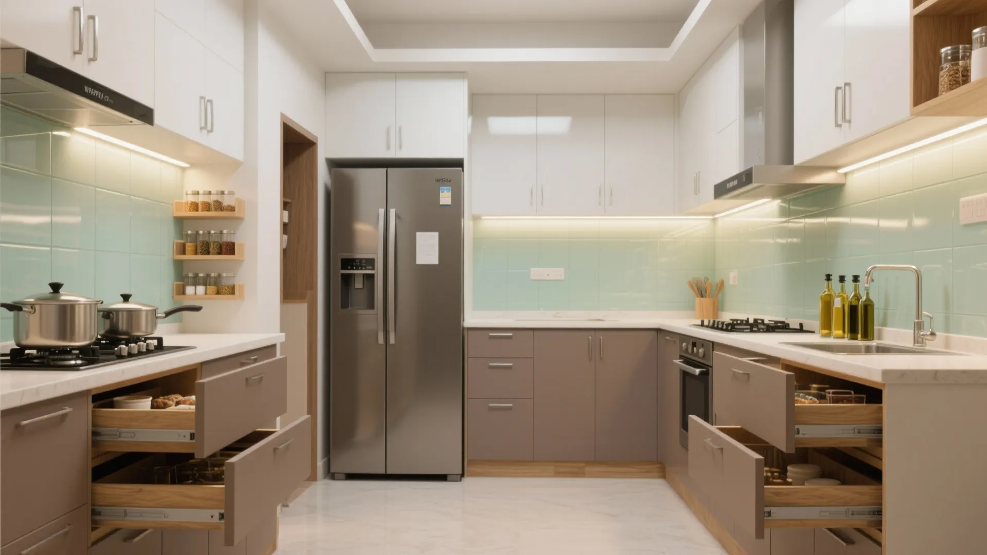 Modular kitchen with smart storage and a glass backsplash