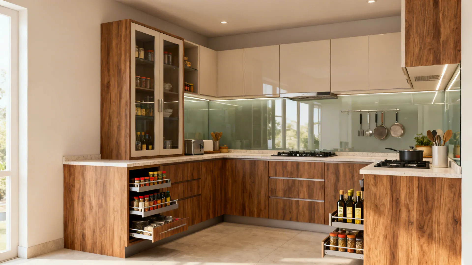 Compact modular kitchen summarizing L-shape, tall pantry, and glass backsplash ideas.