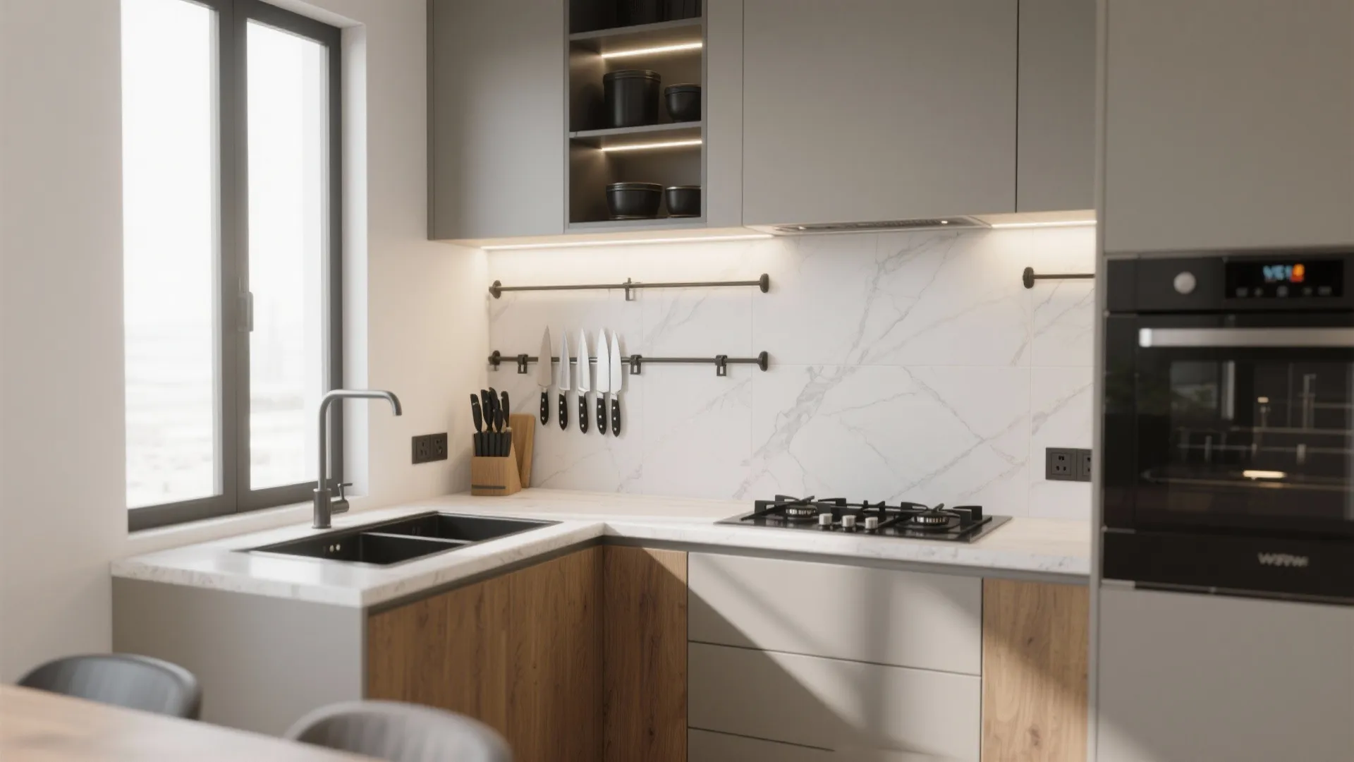 4) Multifunctional Kitchen Walls: Rails, Backsplashes, and Plug-and-Play Lighting