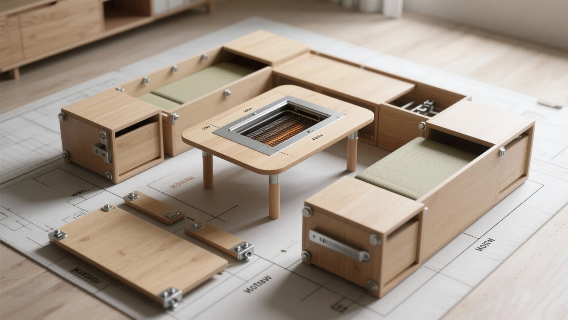 Modular wooden table and storage boxes on floor plan drawing with light wood finish design