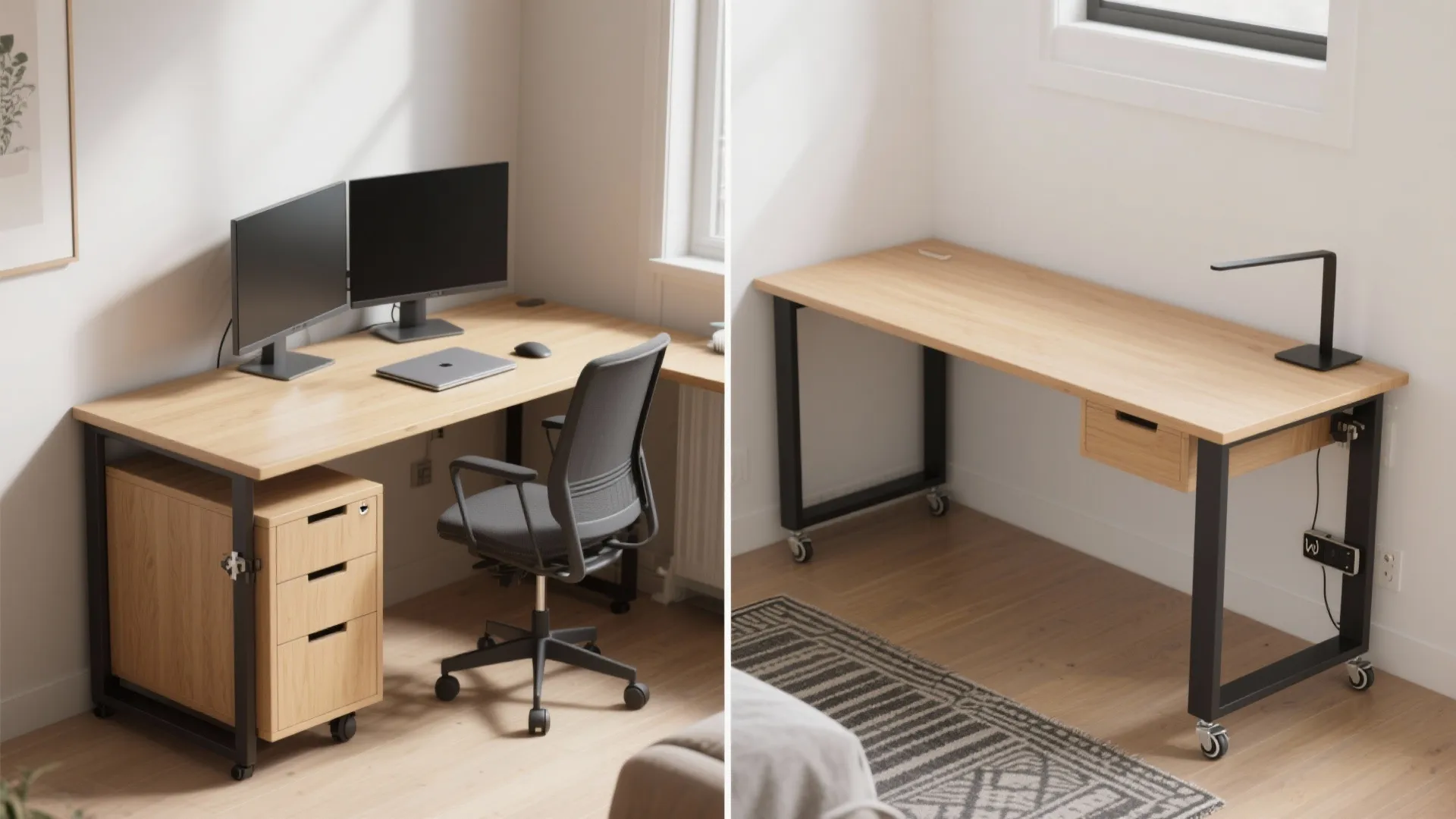 Side by side comparison of a full office workstation and a simple wooden desk design
