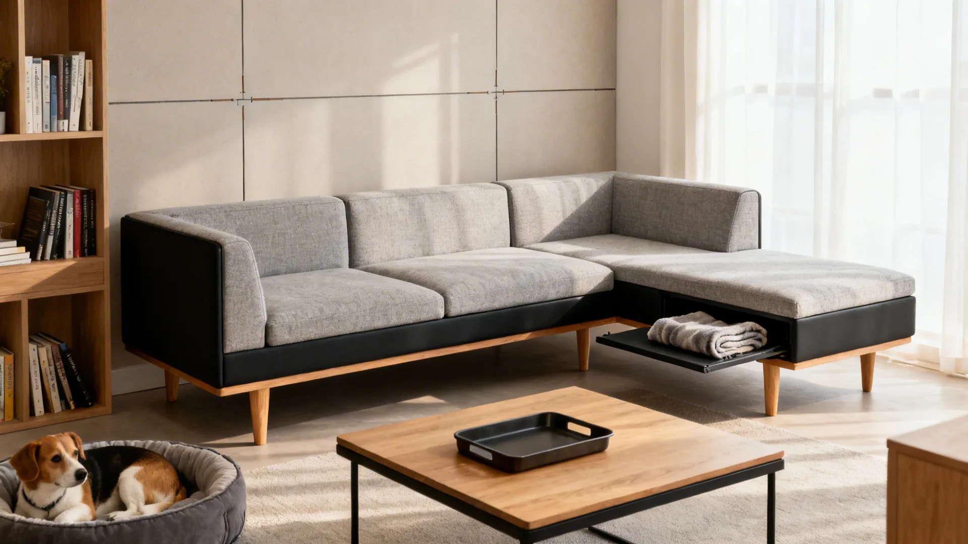 Modular L-shaped sofa with cohesive fabric and matching legs reconfigured to frame a media wall in a compact room.