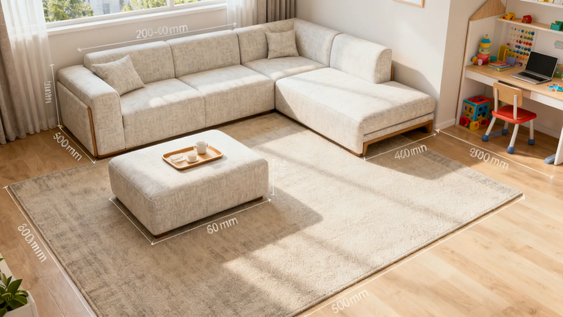Compact living room with a light modular L-shaped sofa and ottoman tray, clear pathways, and airy layout.