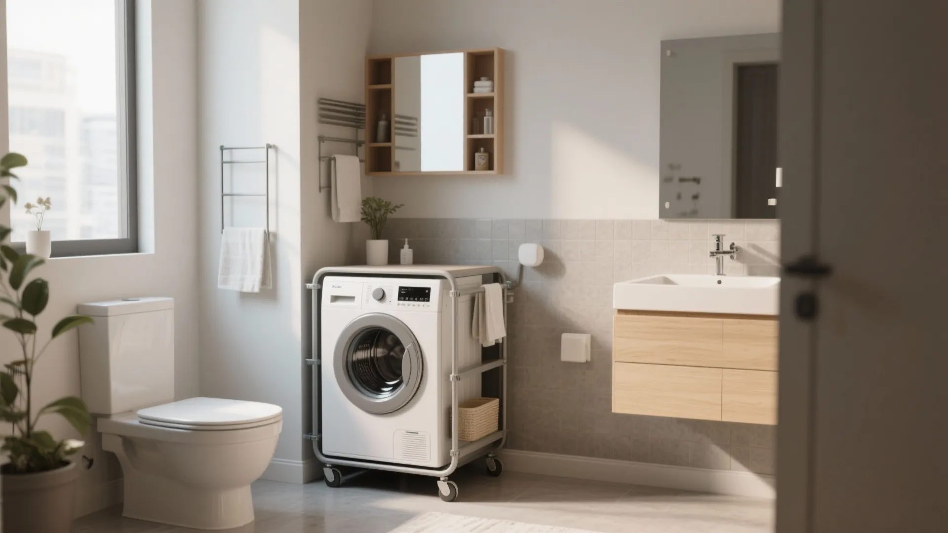 Modern bathroom with washing machine on wheels plus white toilet and wooden vanity with mirror