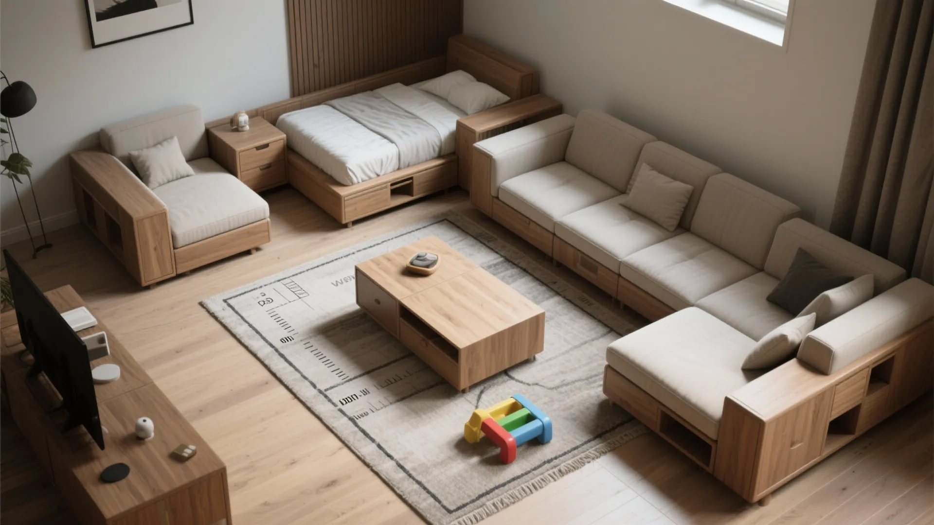 Modern living room featuring a wooden sofa, matching bed, coffee table, rug, and natural light