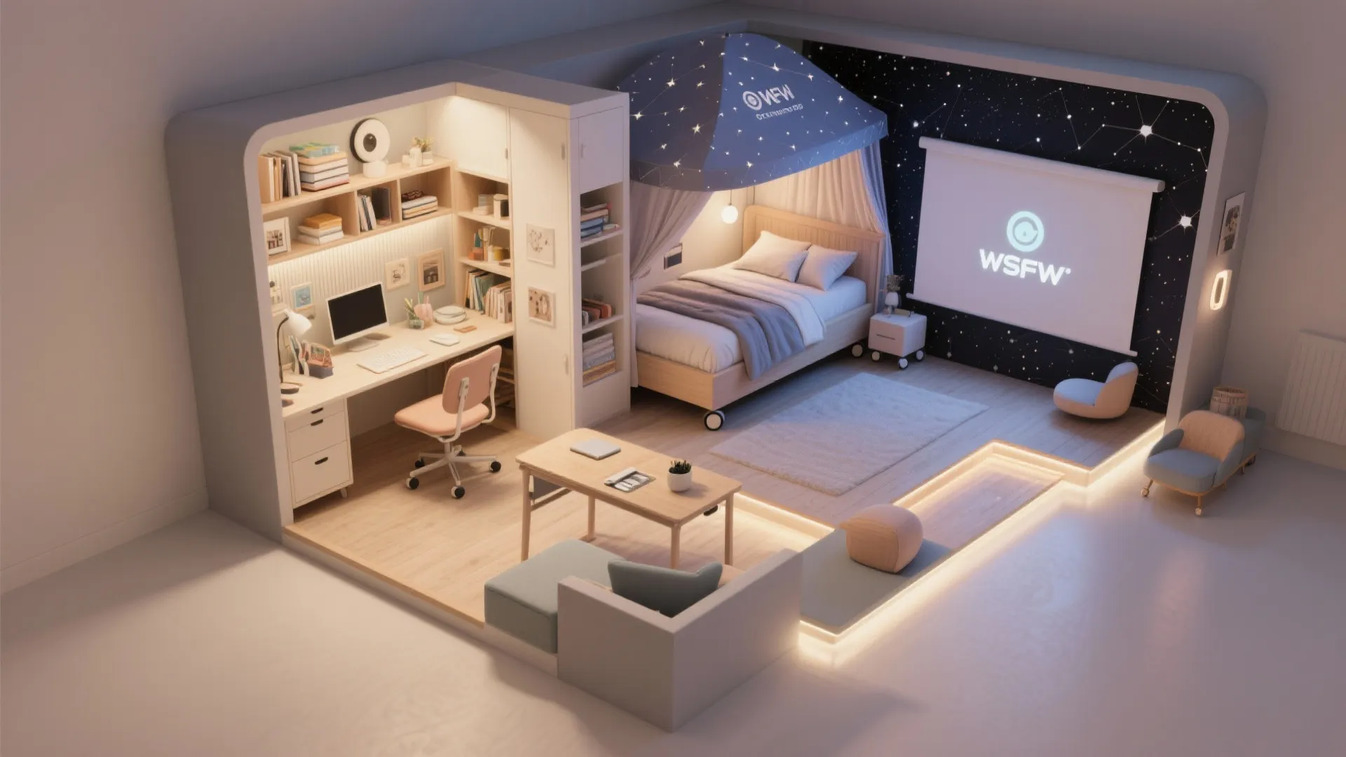 Top-down view of a modular bedroom layout with study nook, projector cinema area and constellation canopy.