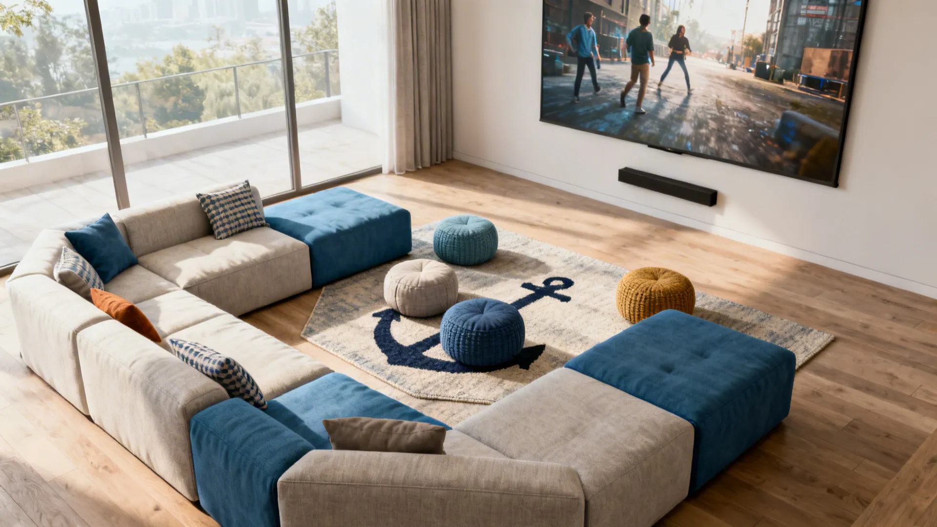 Living room with modular sofa pieces and poufs around a central rug, showing flexible arrangements.