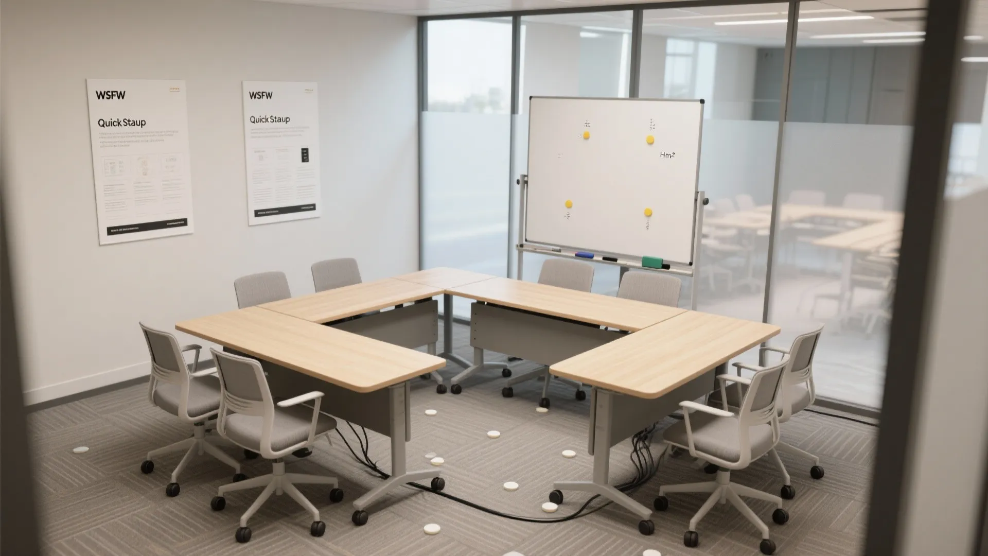 Small meeting room with modular nesting tables in an L-shaped layout, mobile whiteboard, and caster chairs.