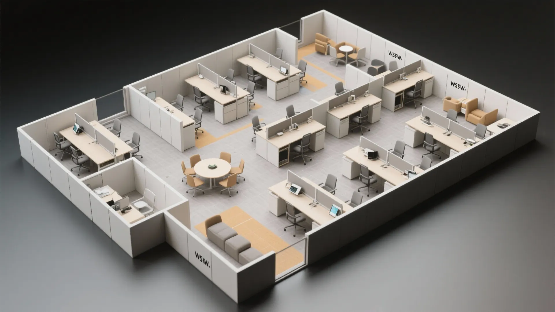 Isometric interior design drawing of a modern office room layout with white desks and chairs