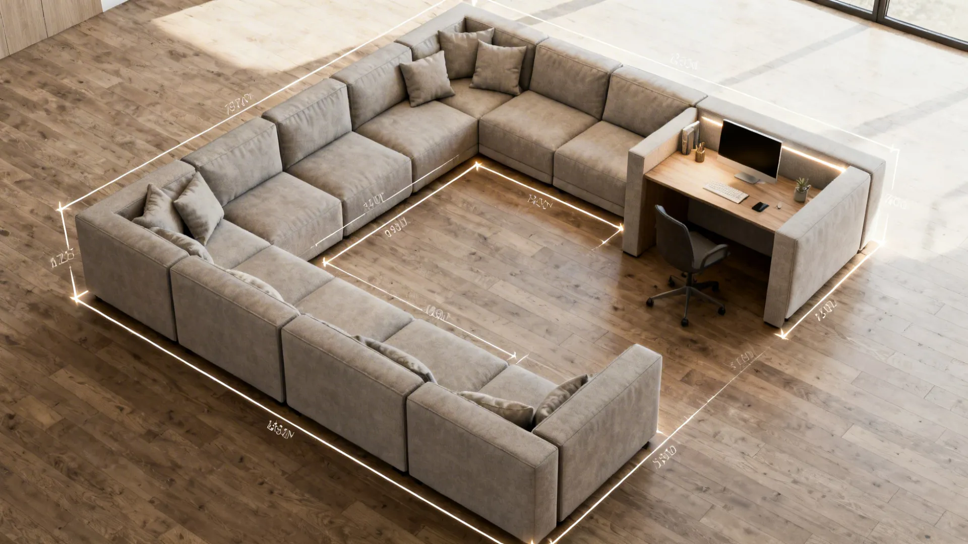 Top-down layout of a small living room showing modular sofa configurations and circulation paths.