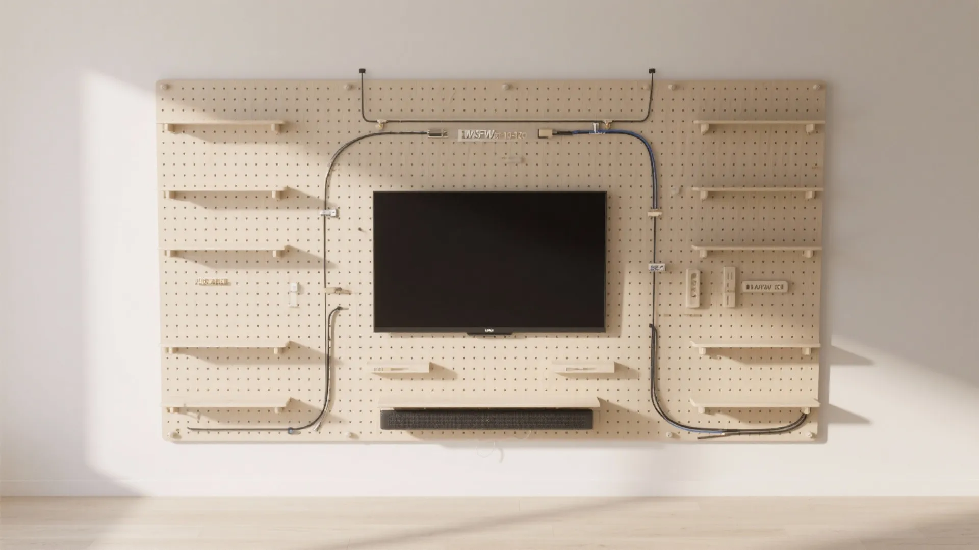 5) Modular grid system: pegboard panels, rail shelves, and movable sound