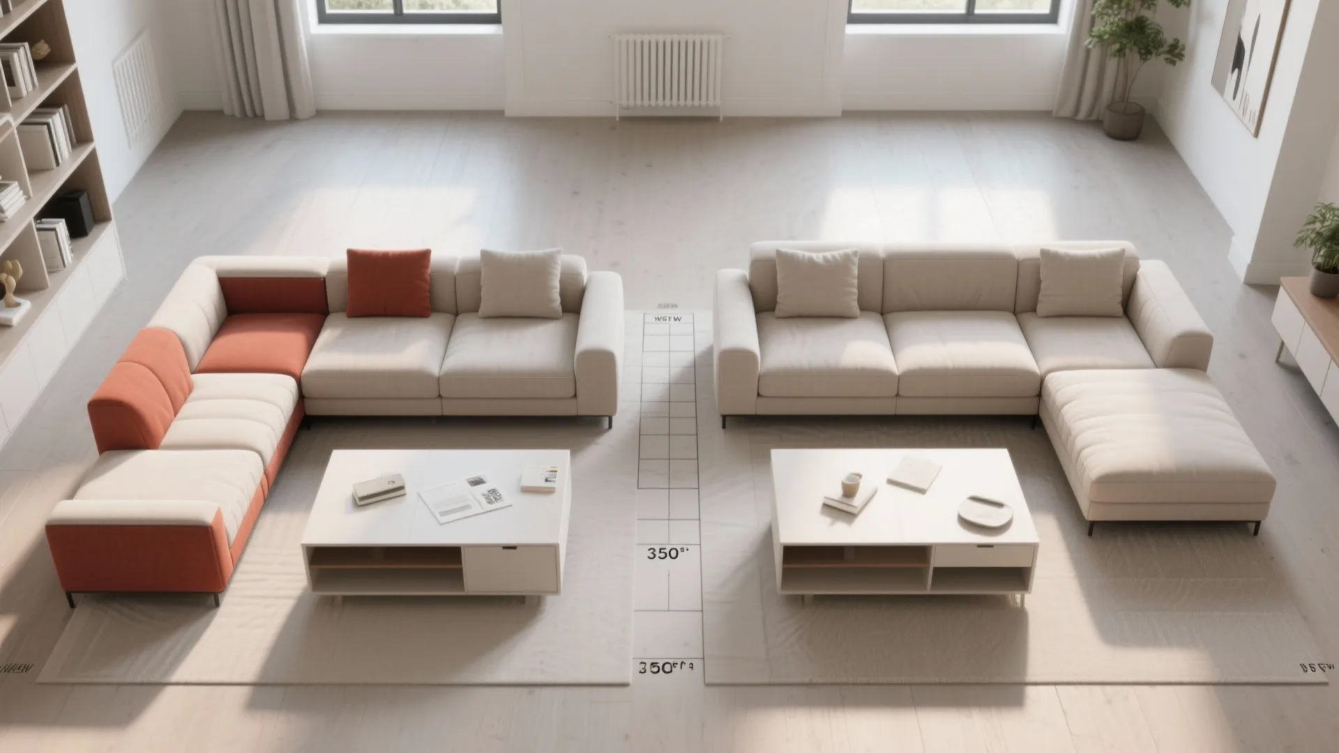 Top-down comparison of two modular two-piece furniture layouts in a compact flat.