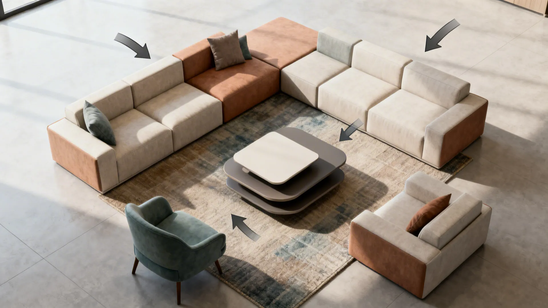 Top-down modular layout showing reconfigurable three-piece living room and traffic flow arrows